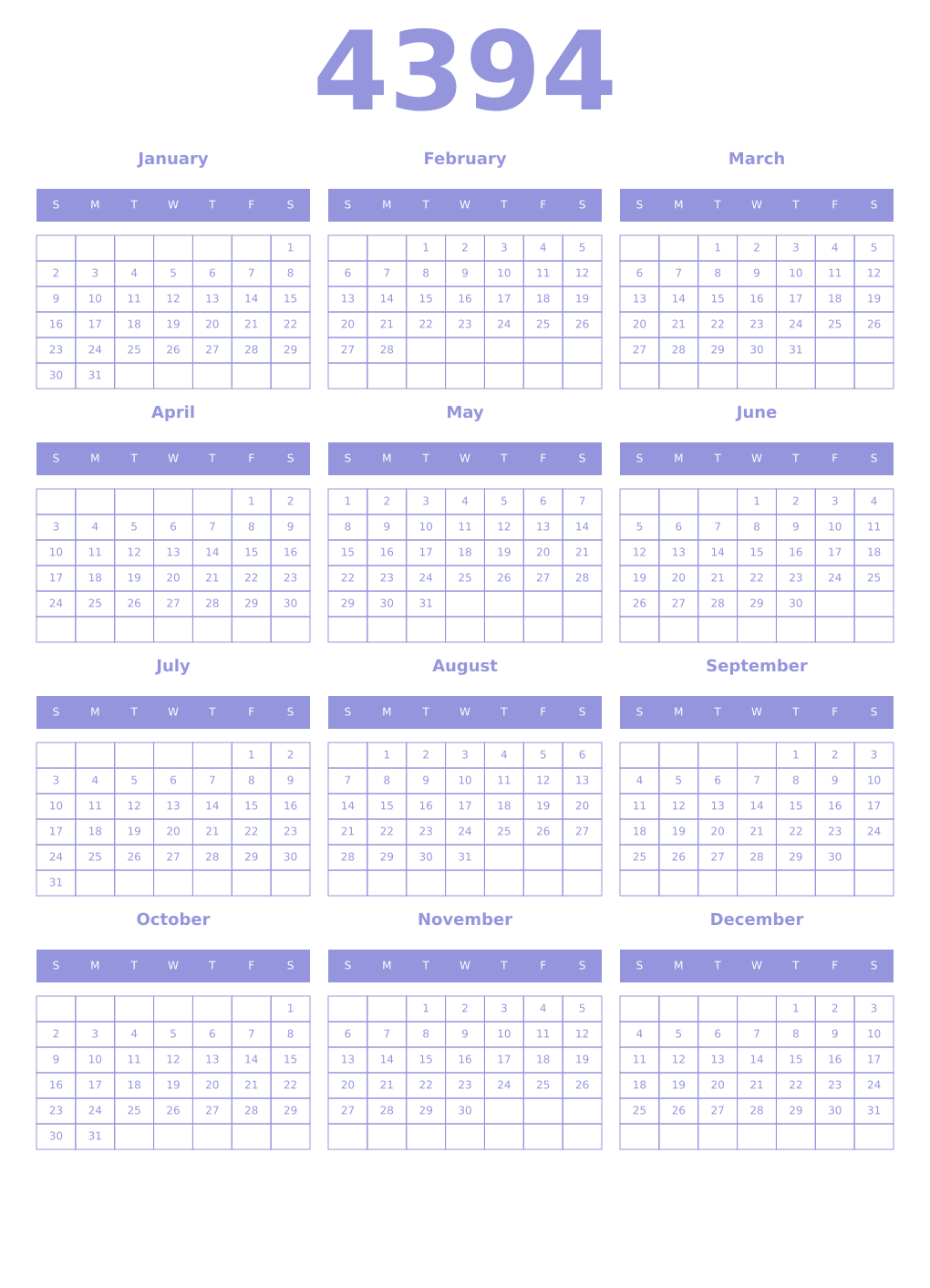 Printable 4394 Year Calendars periwinkle