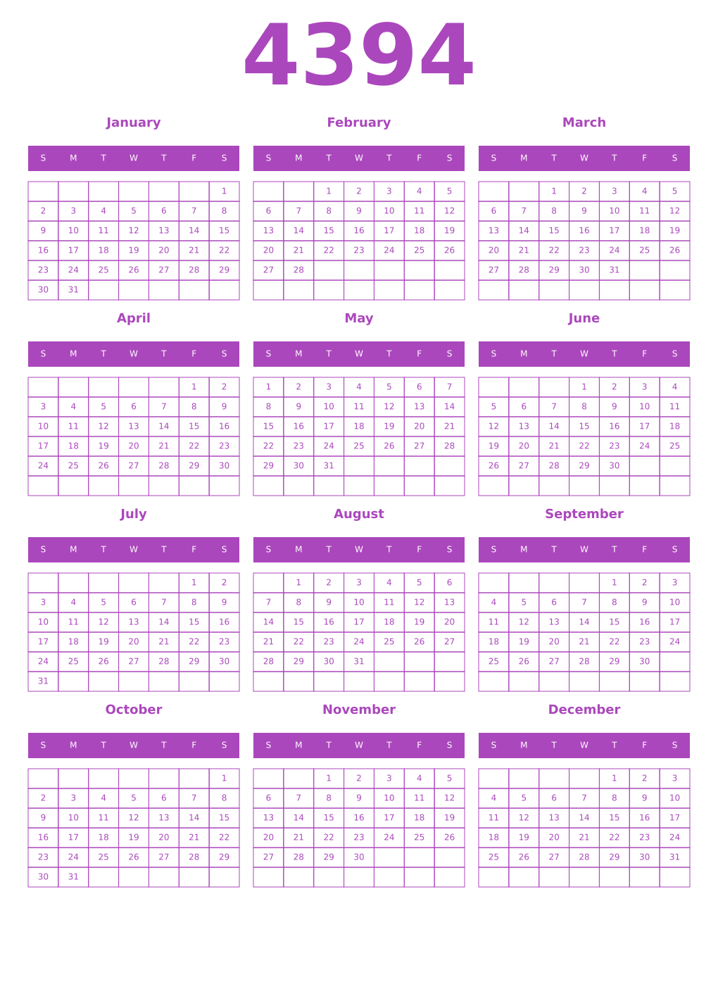 Printable 4394 Year Calendars purple