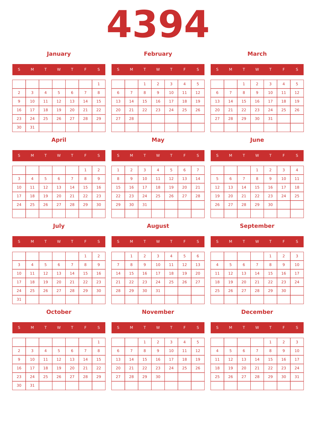 Printable 4394 Year Calendars red