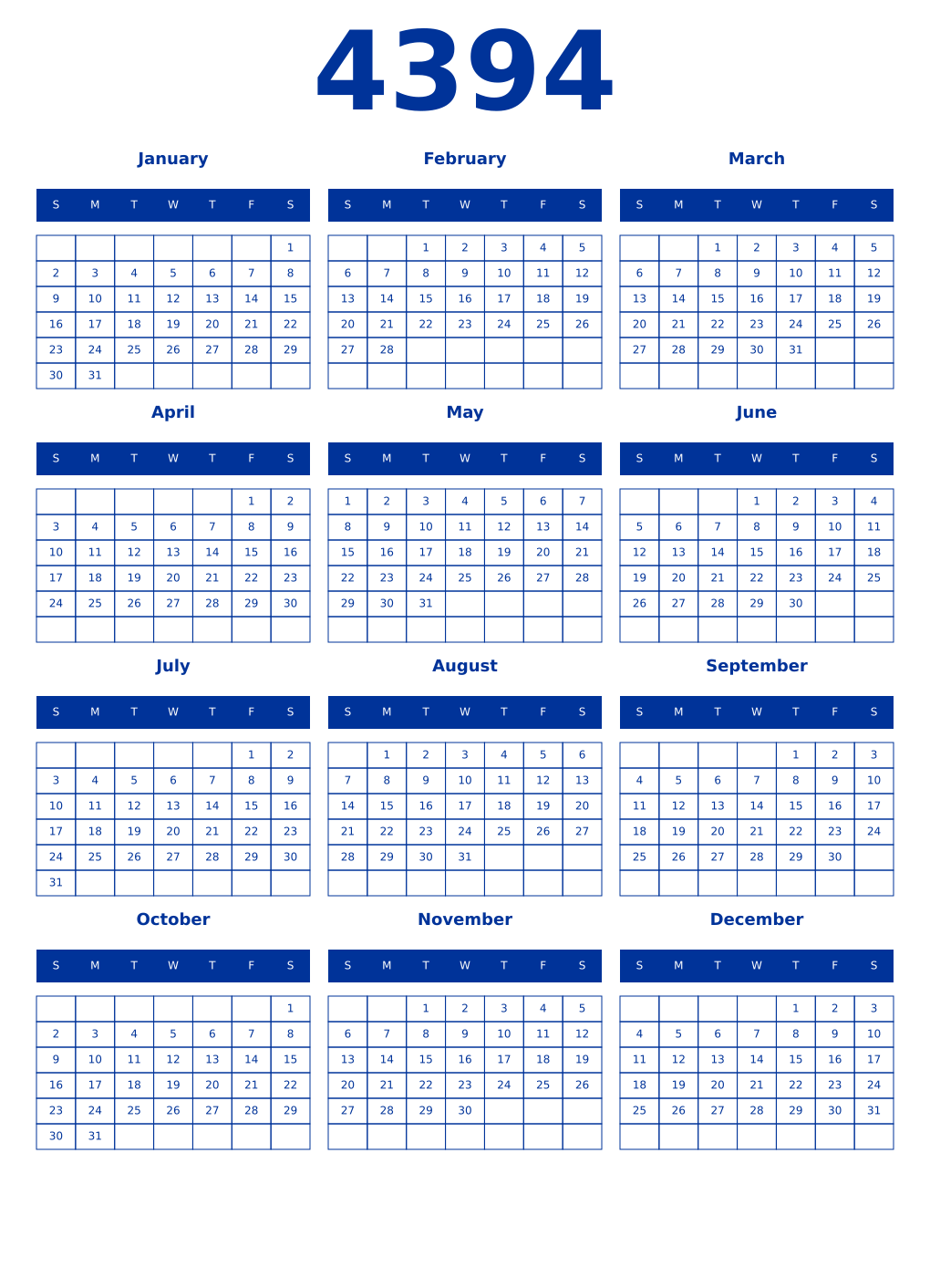 Printable 4394 Year Calendars smalt