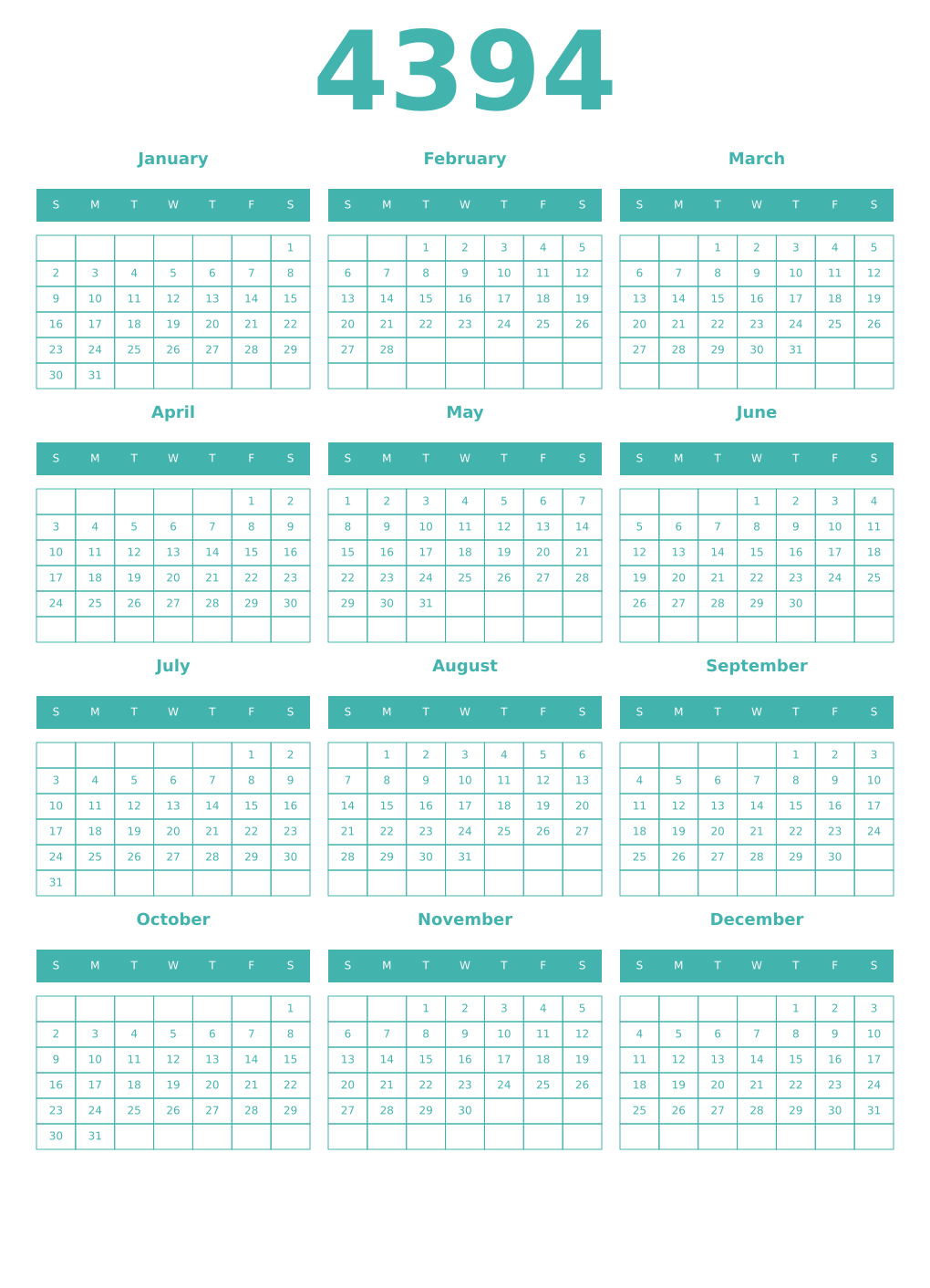 Printable 4394 Year Calendars verdigris