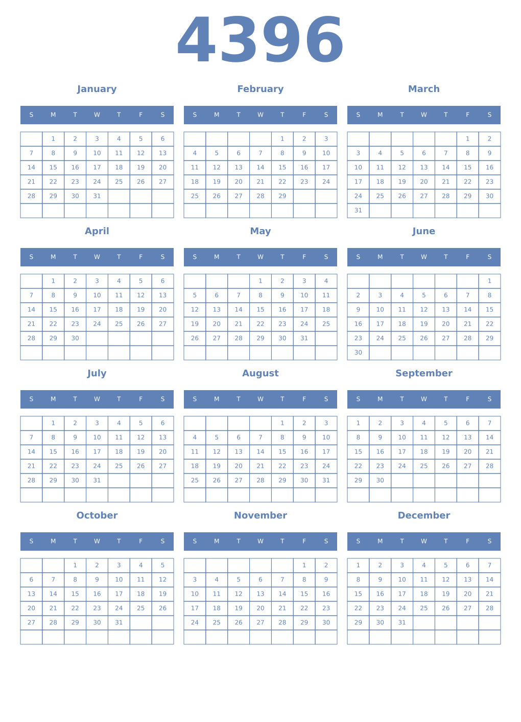 Printable 4396 Year Calendars glaucous