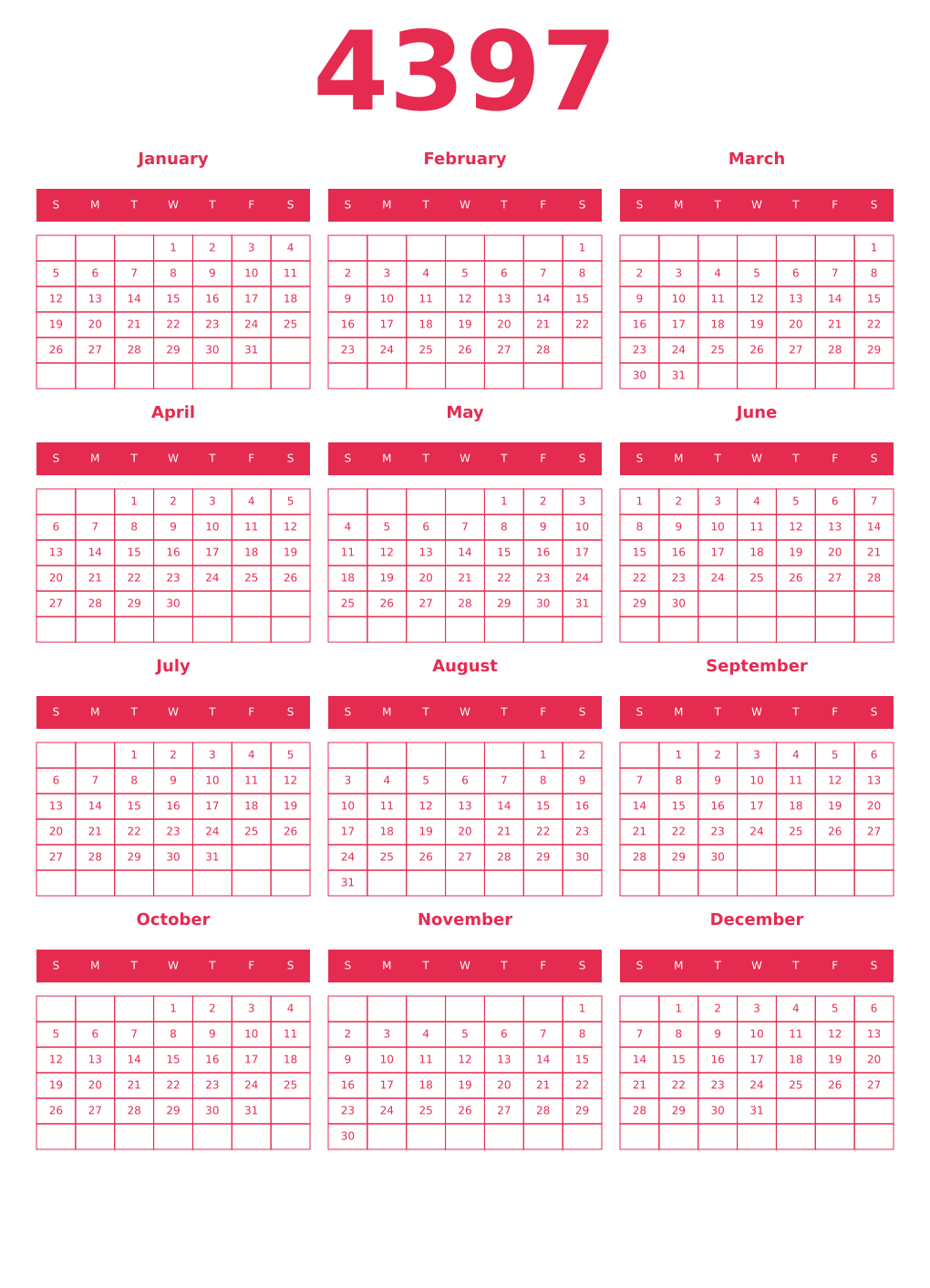 Printable 4397 Year Calendars amaranth