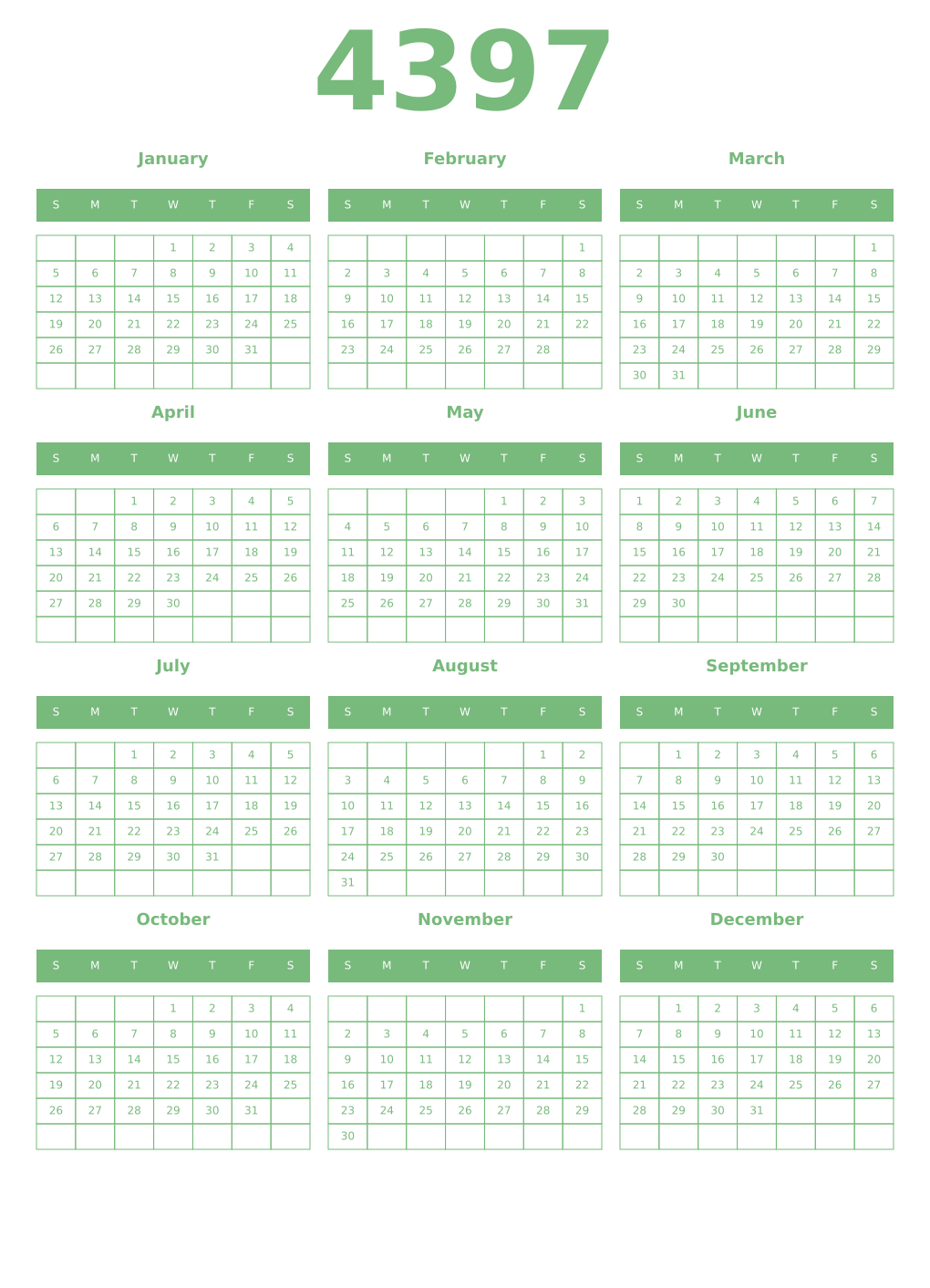 Printable 4397 Year Calendars celadon