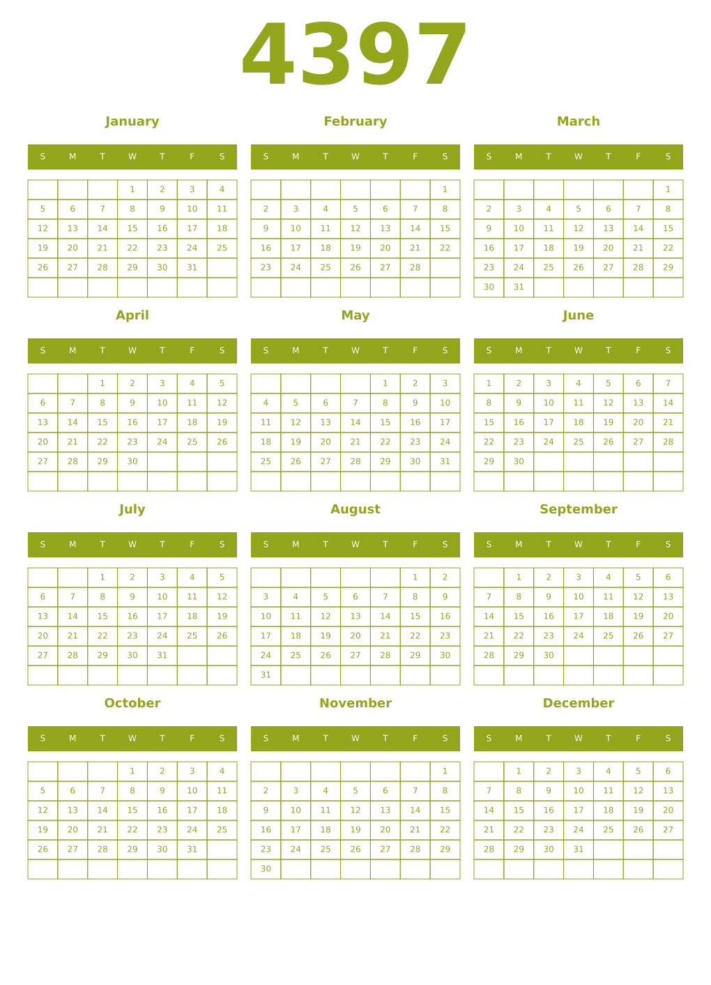 Printable 4397 Year Calendars chartreuse