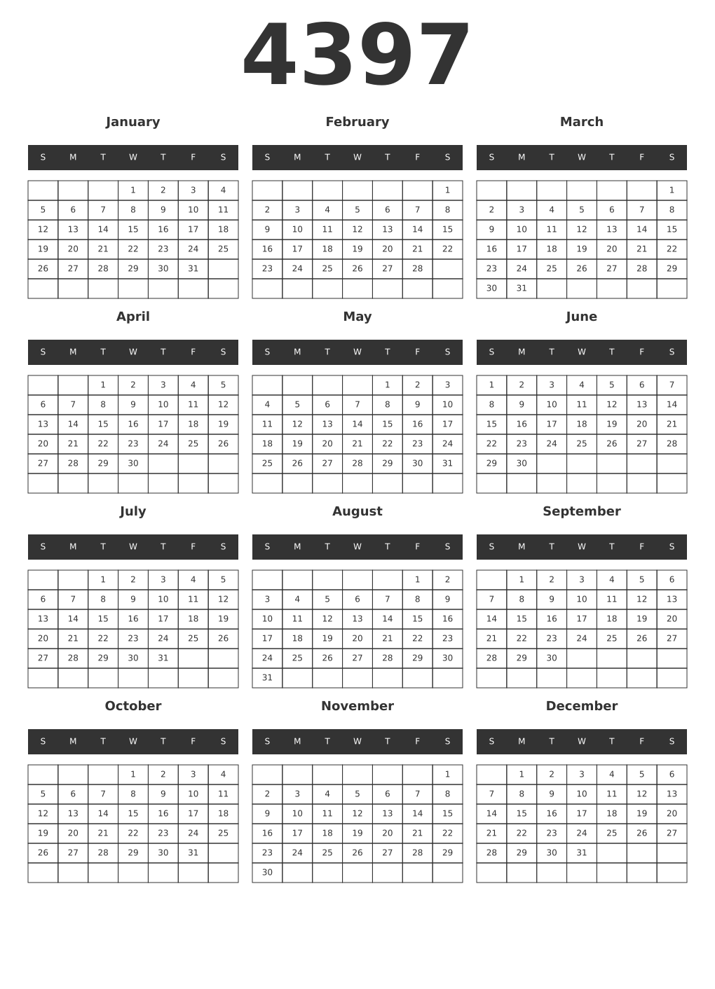 Printable 4397 Year Calendars dark