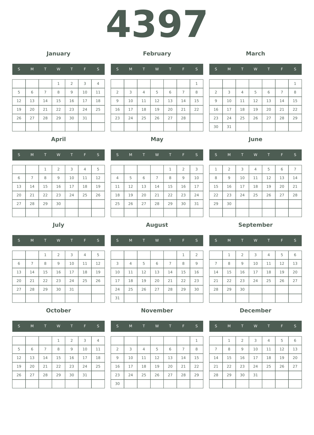 Printable 4397 Year Calendars feldgrau