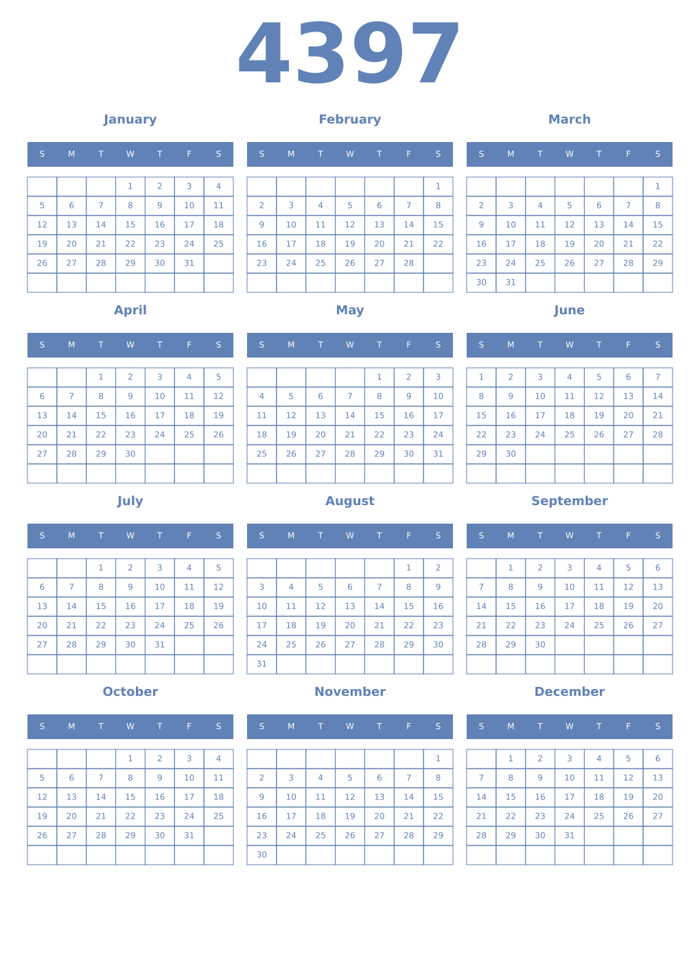 Printable 4397 Year Calendars glaucous