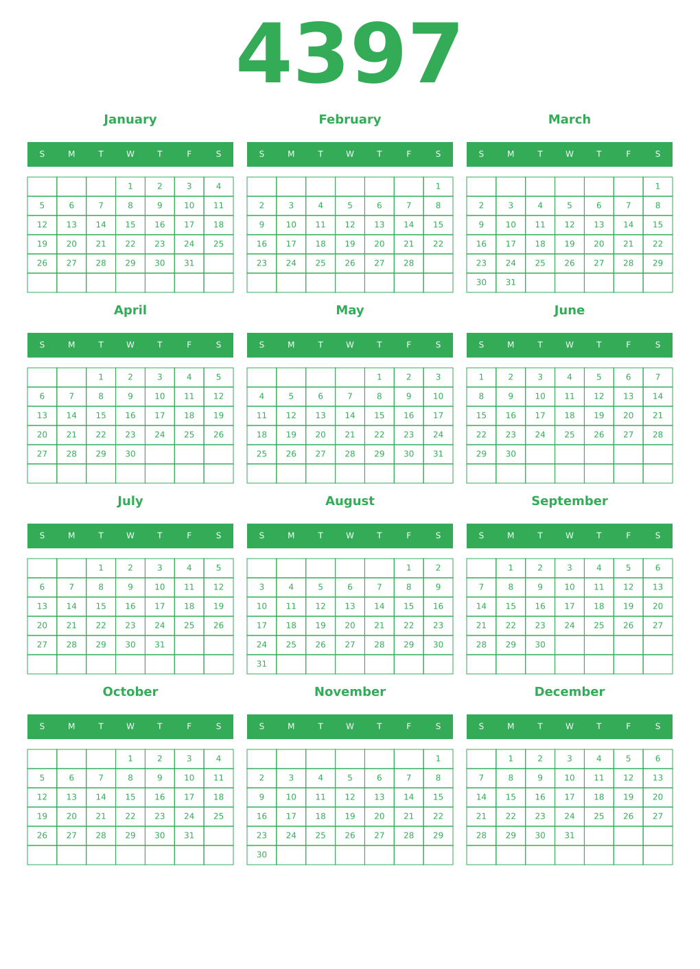 Printable 4397 Year Calendars green