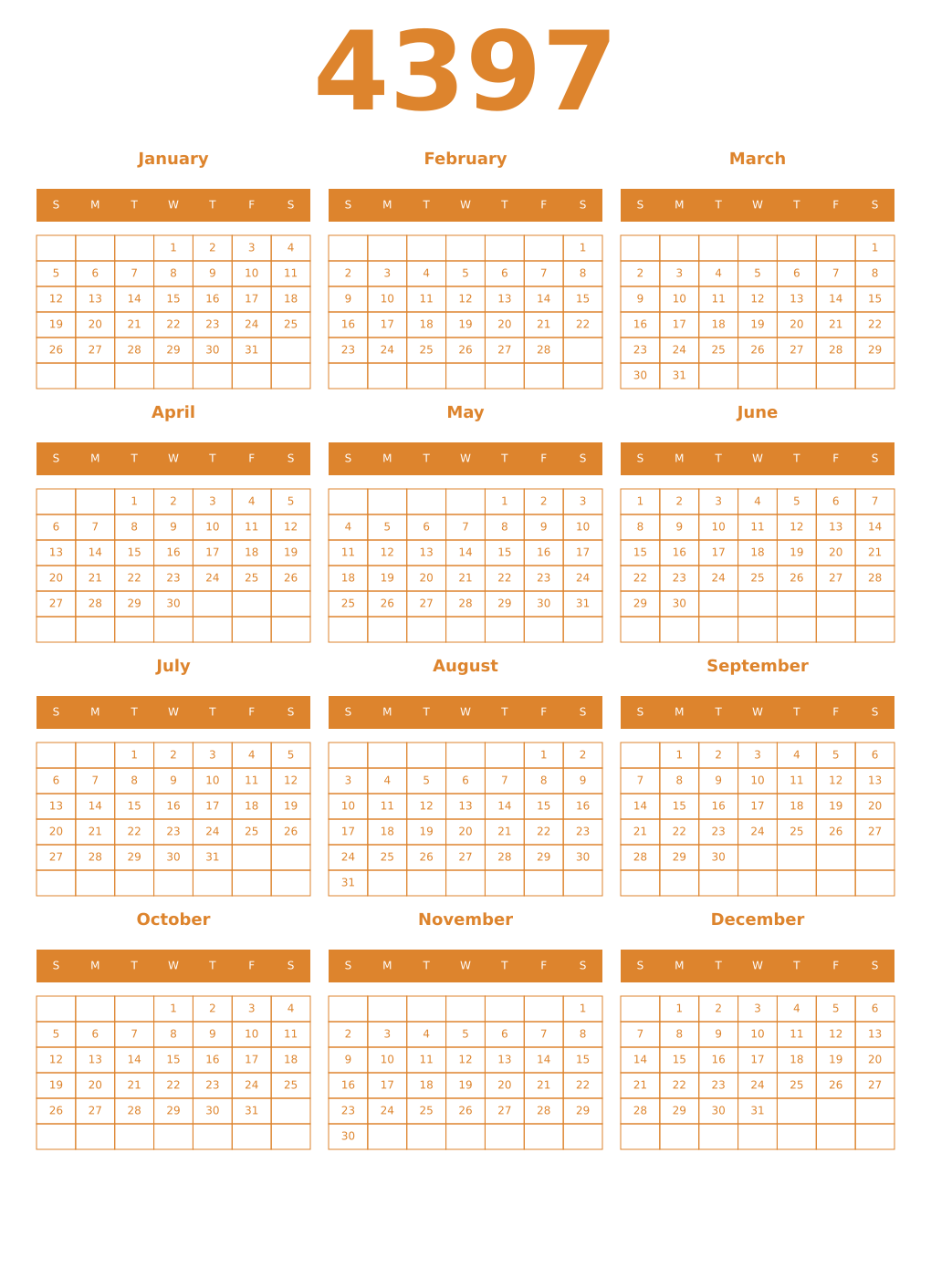 Printable 4397 Year Calendars orange