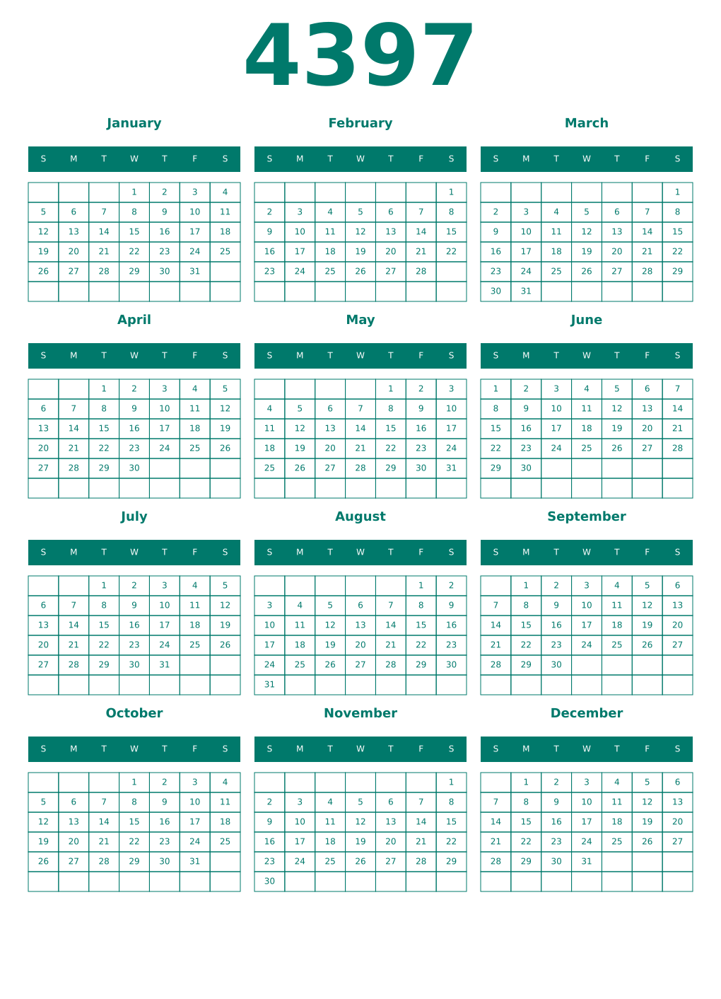 Printable 4397 Year Calendars pastel