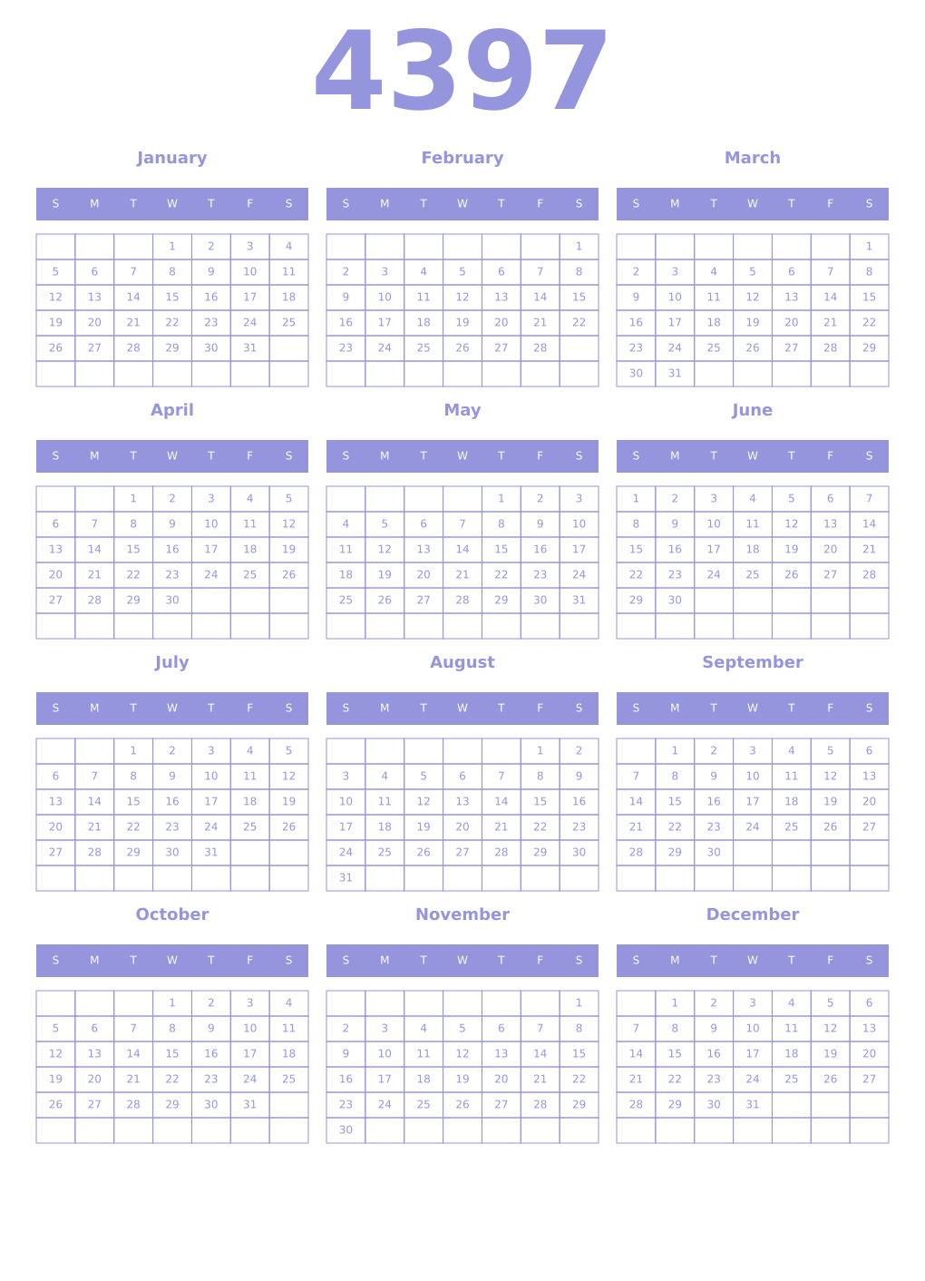 Printable 4397 Year Calendars periwinkle