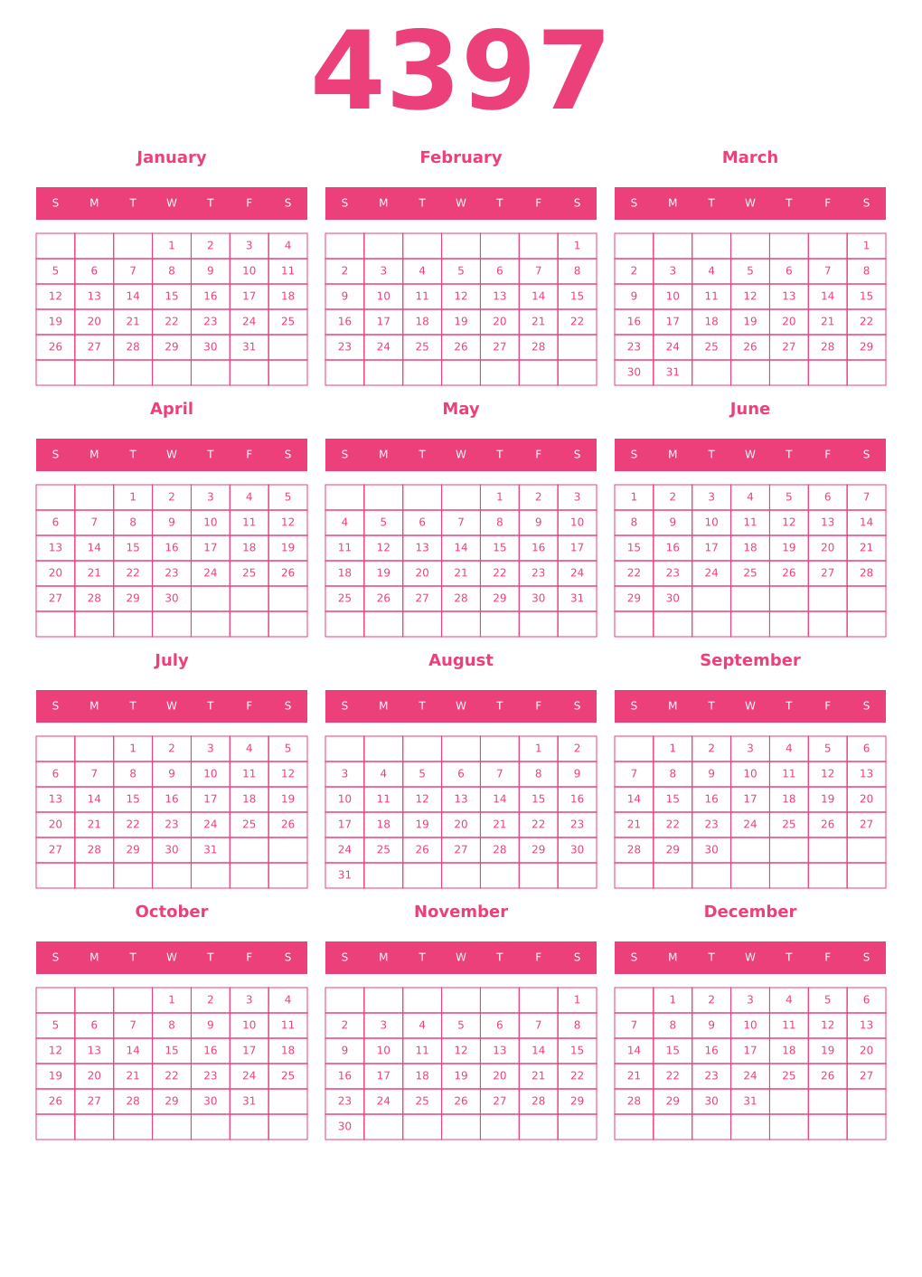 Printable 4397 Year Calendars pink