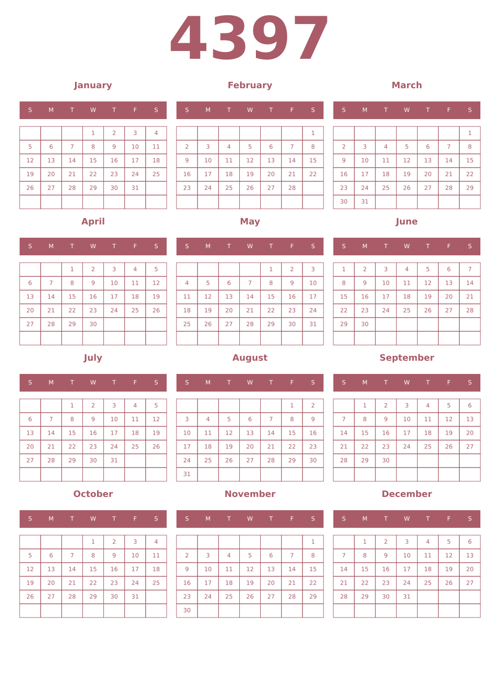 Printable 4397 Year Calendars puce