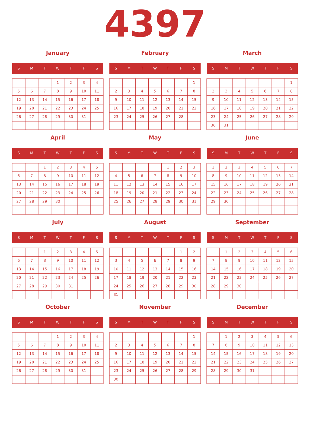 Printable 4397 Year Calendars red