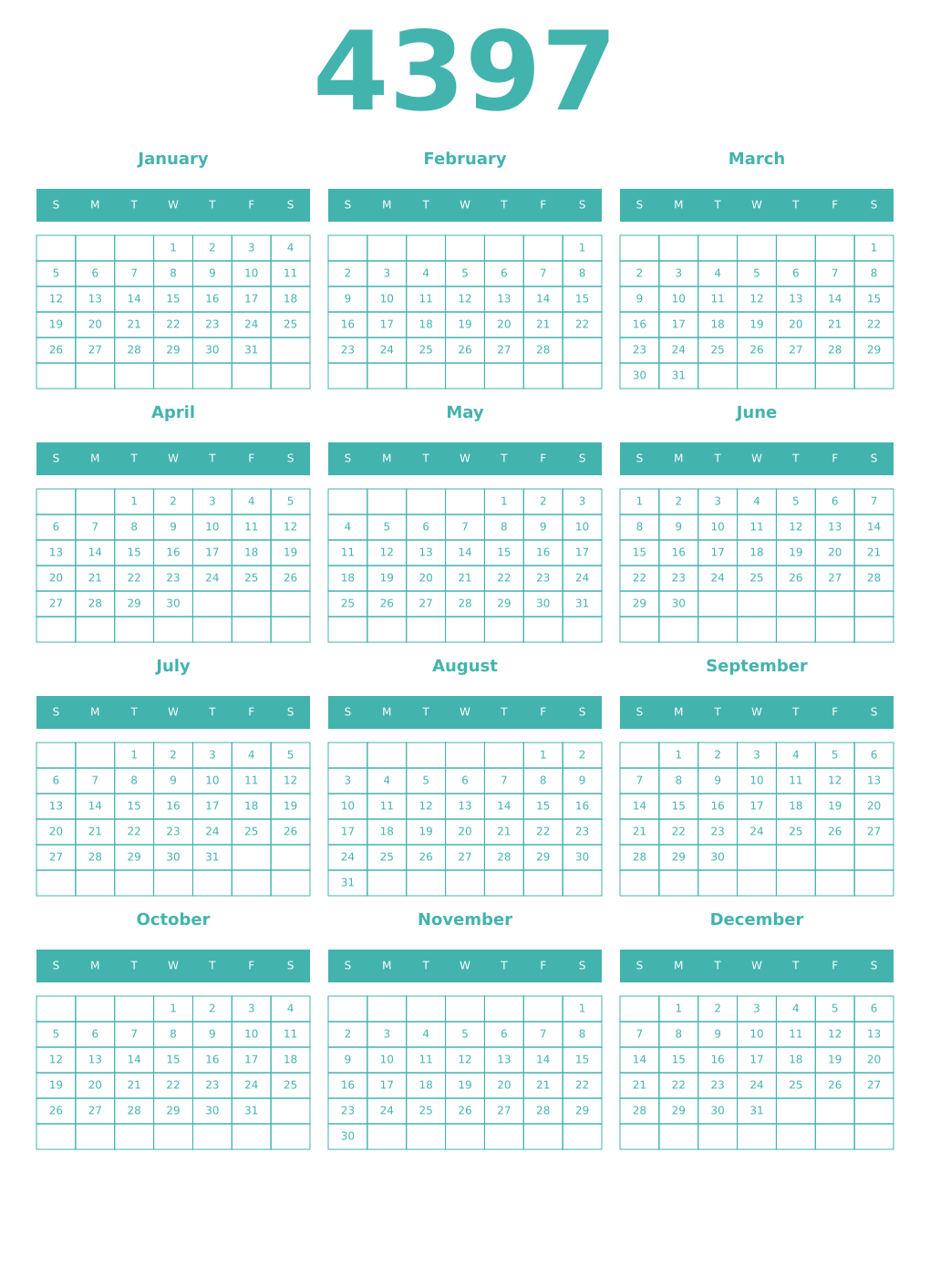 Printable 4397 Year Calendars verdigris