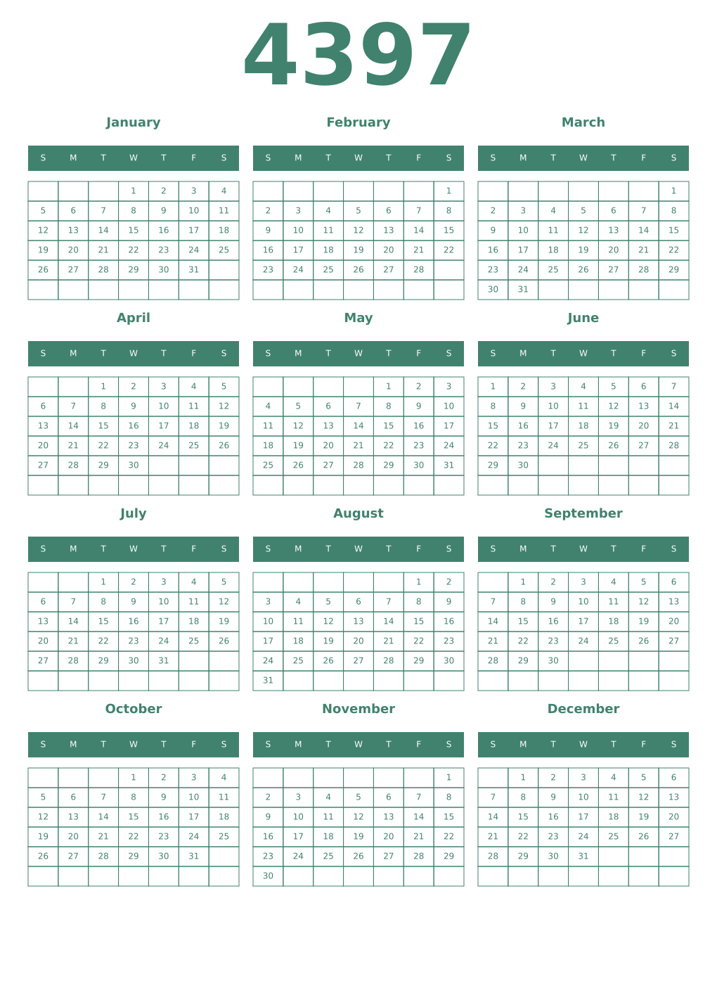 Printable 4397 Year Calendars viridian