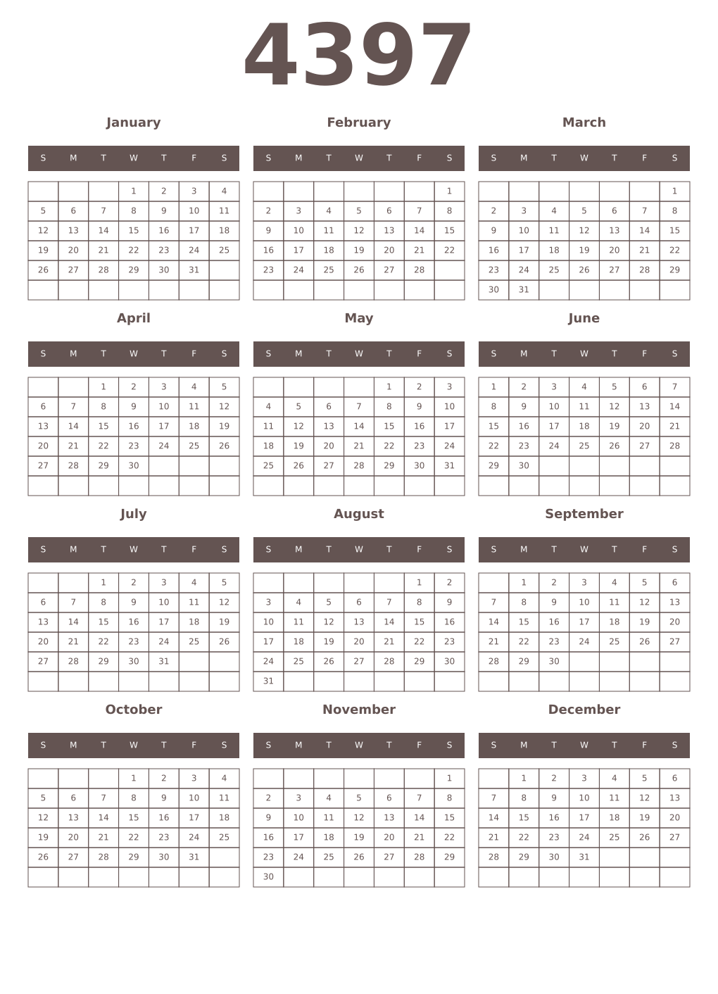 Printable 4397 Year Calendars wenge