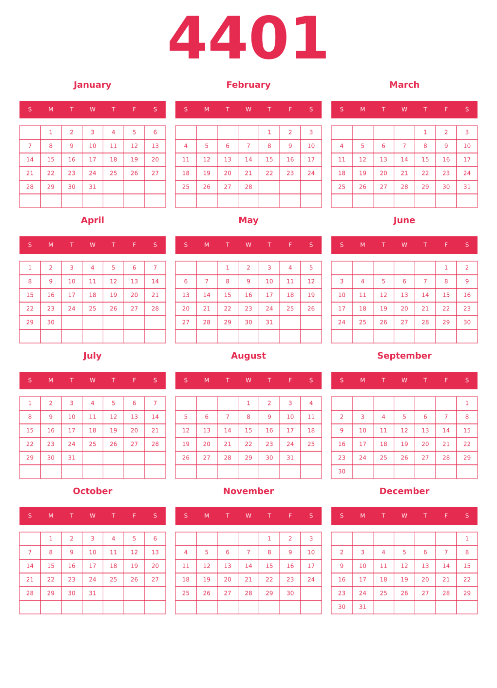 Printable 4401 Year Calendars amaranth