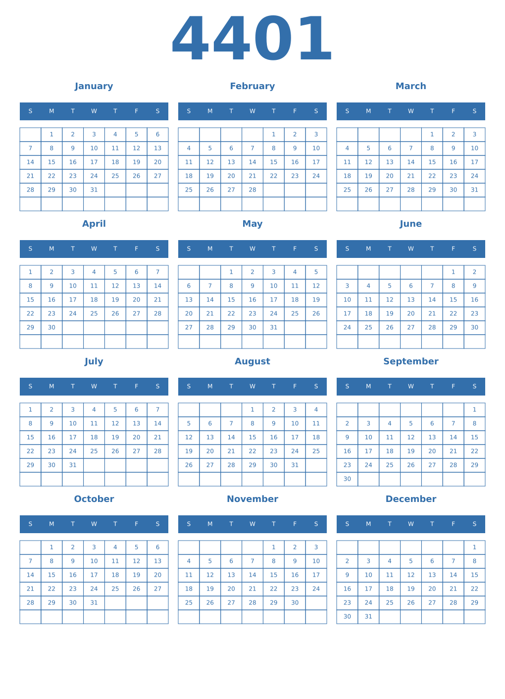 Printable 4401 Year Calendars blue