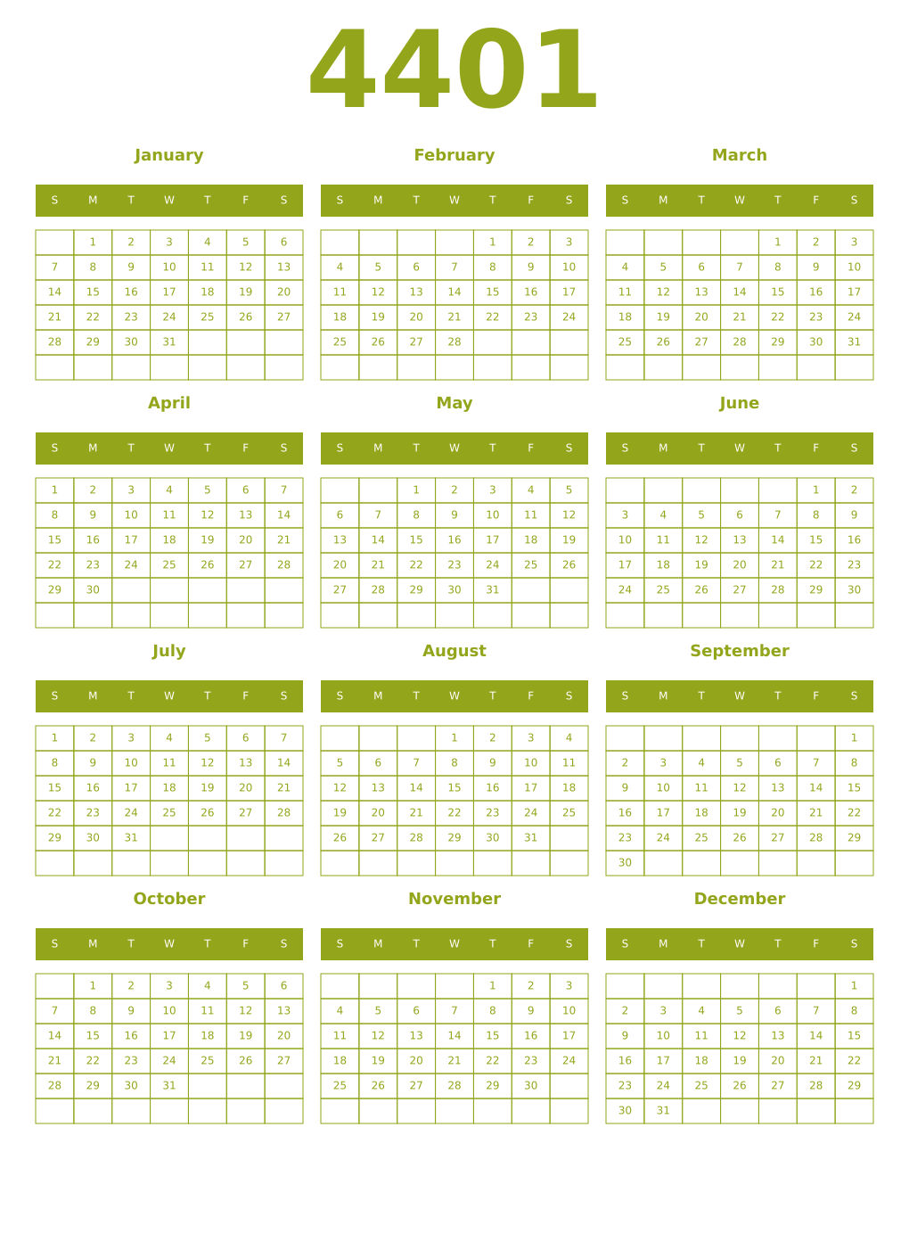 Printable 4401 Year Calendars chartreuse