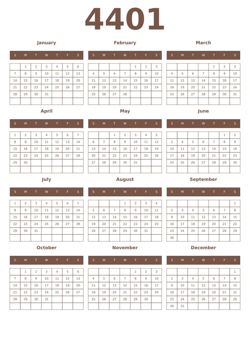 Printable 4401 Year Calendars coffe