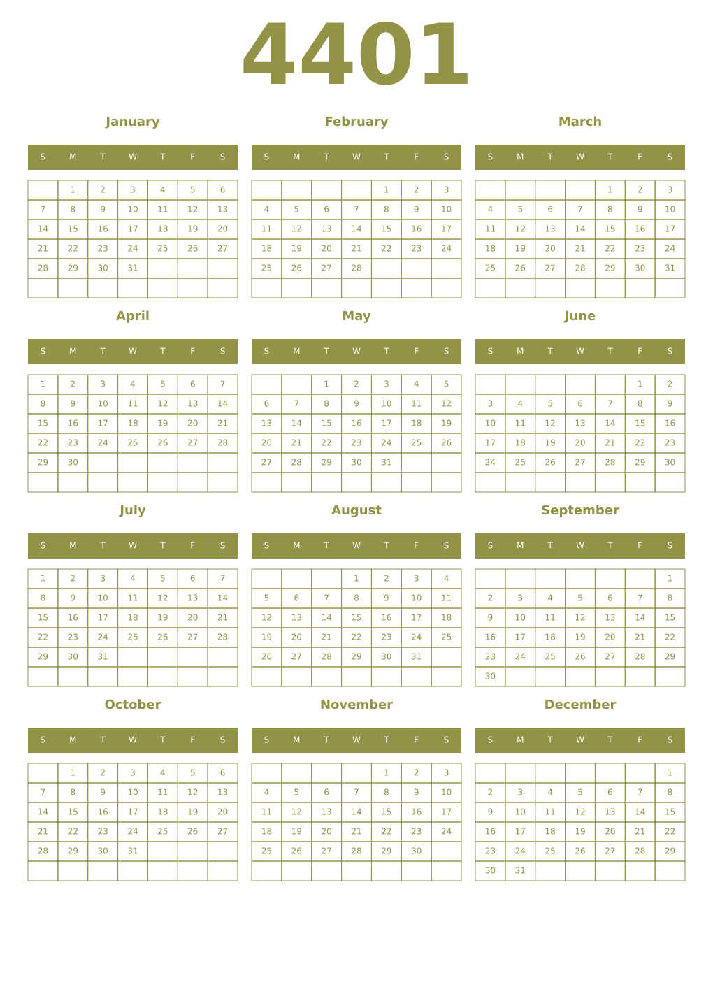 Printable 4401 Year Calendars eburnean