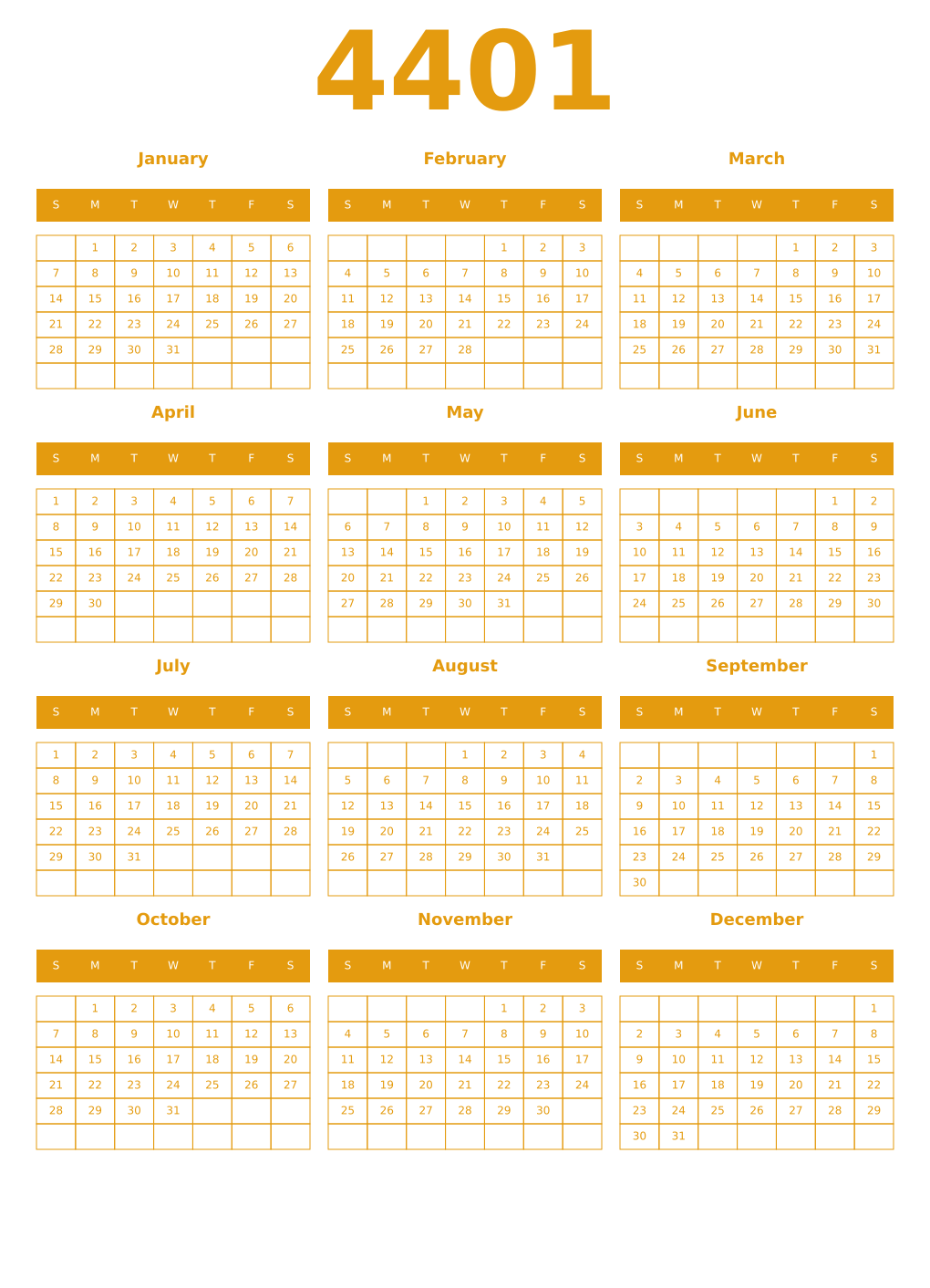 Printable 4401 Year Calendars gamboge
