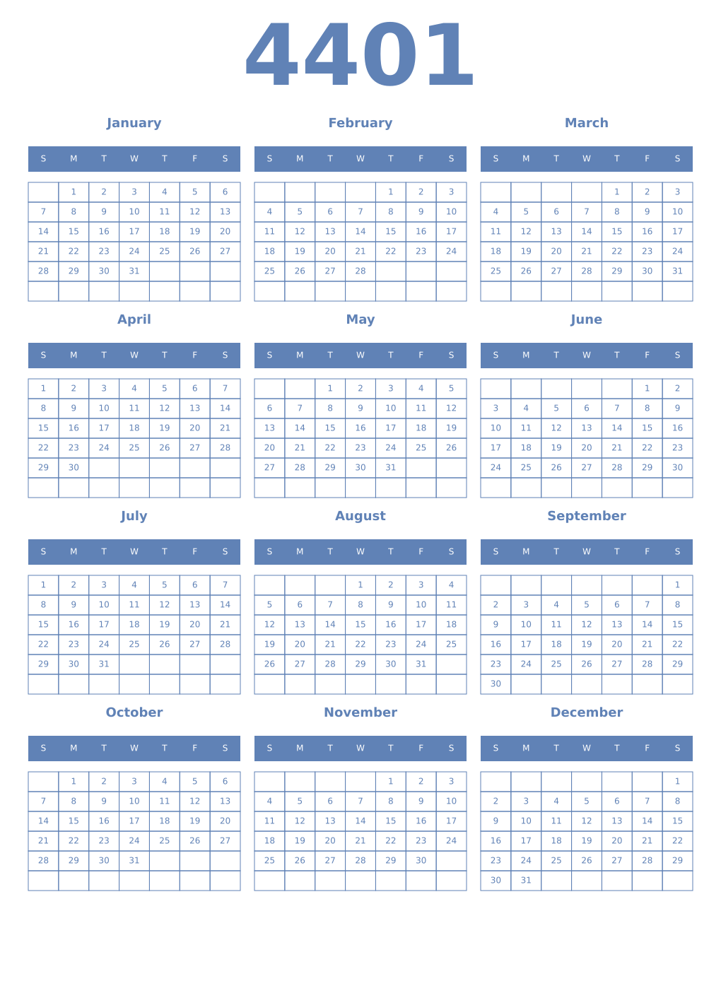 Printable 4401 Year Calendars glaucous