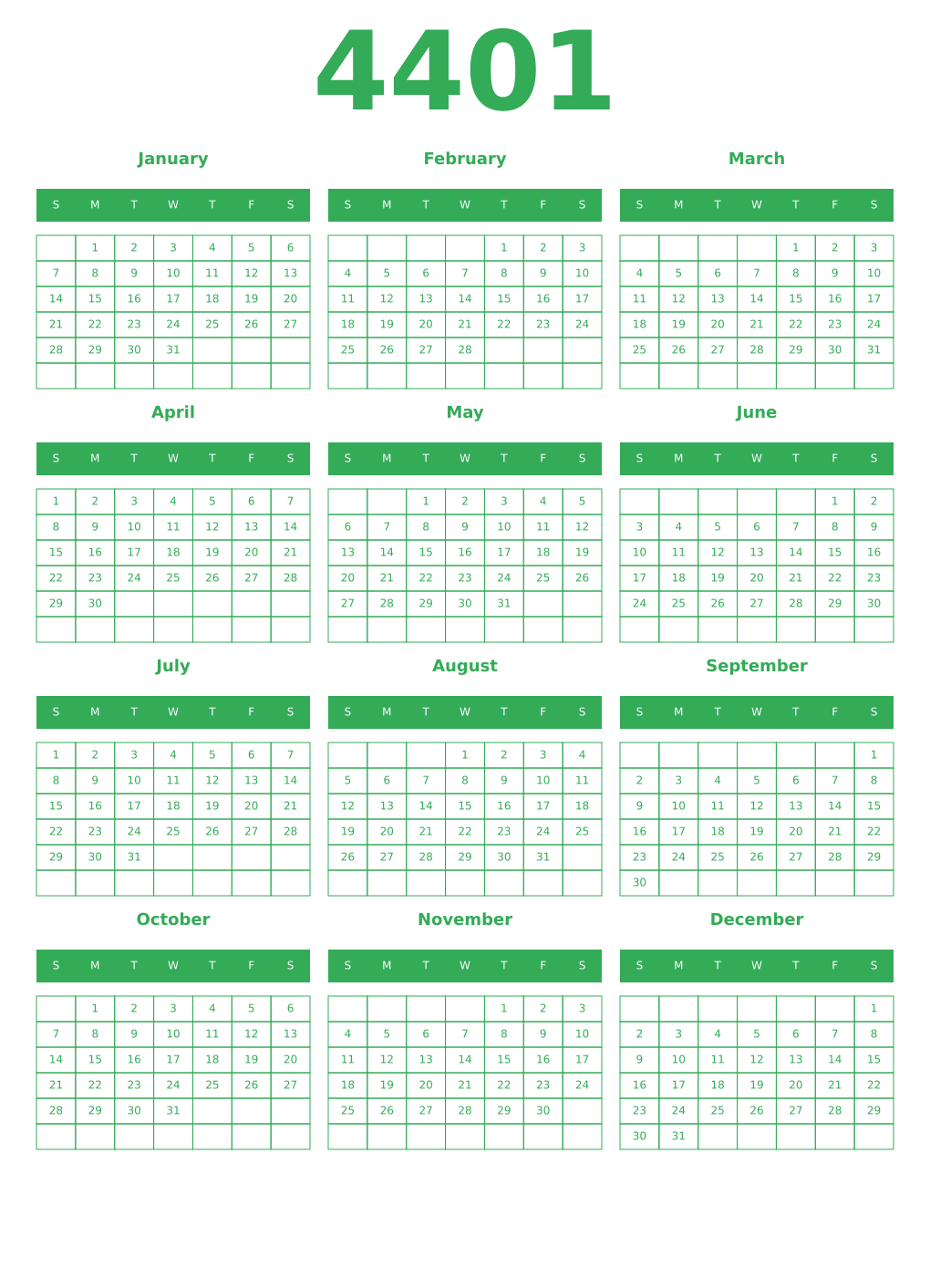 Printable 4401 Year Calendars green
