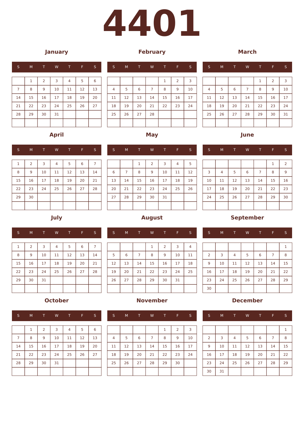Printable 4401 Year Calendars mortuum