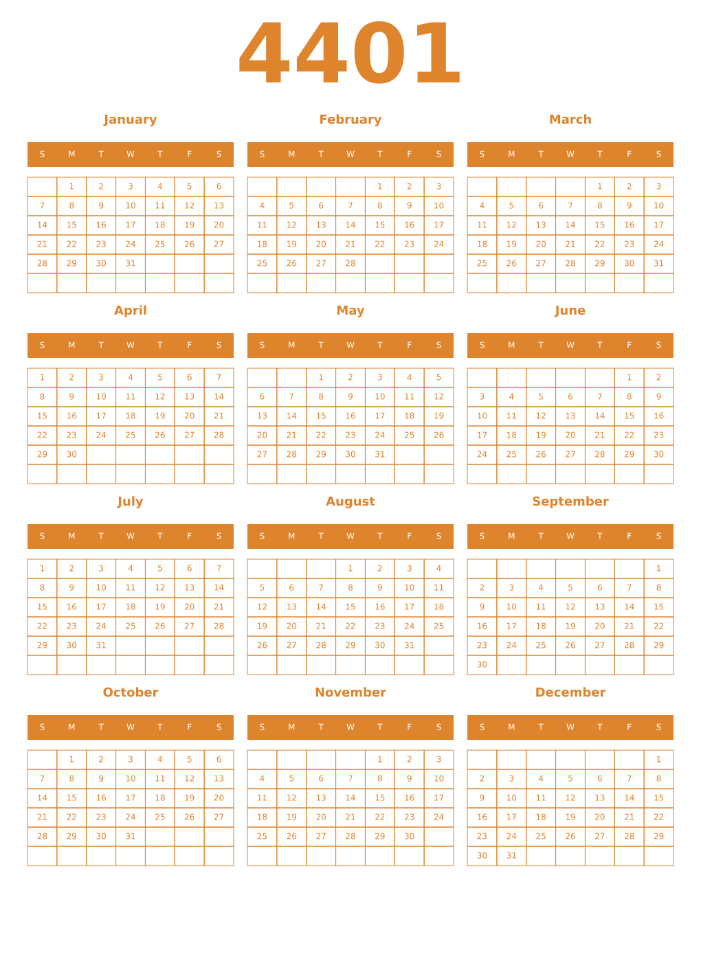 Printable 4401 Year Calendars orange