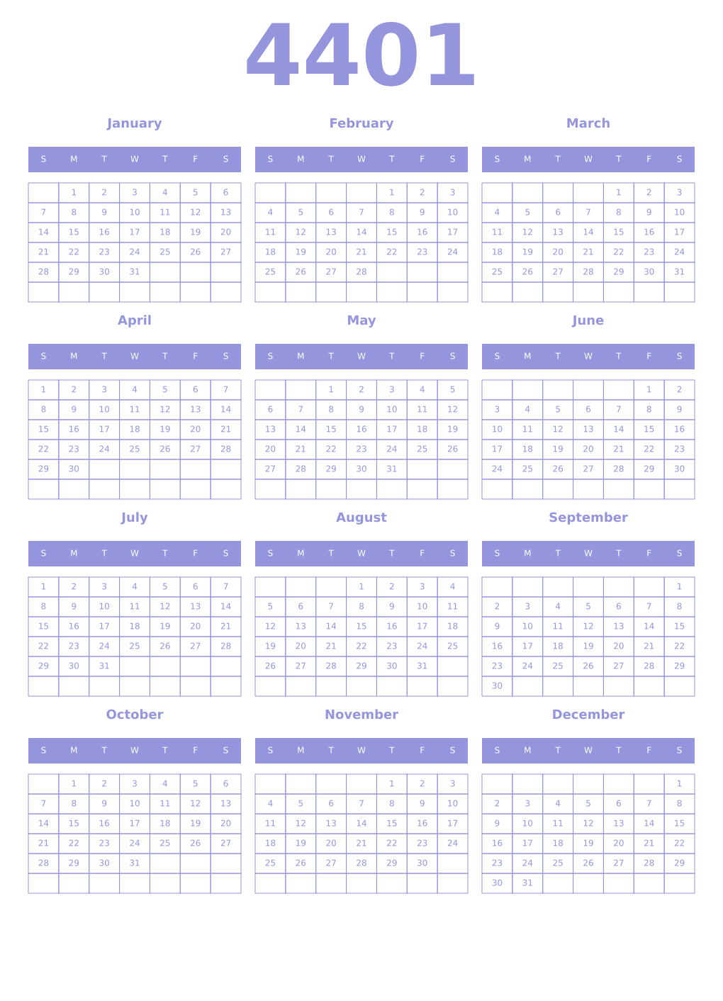 Printable 4401 Year Calendars periwinkle