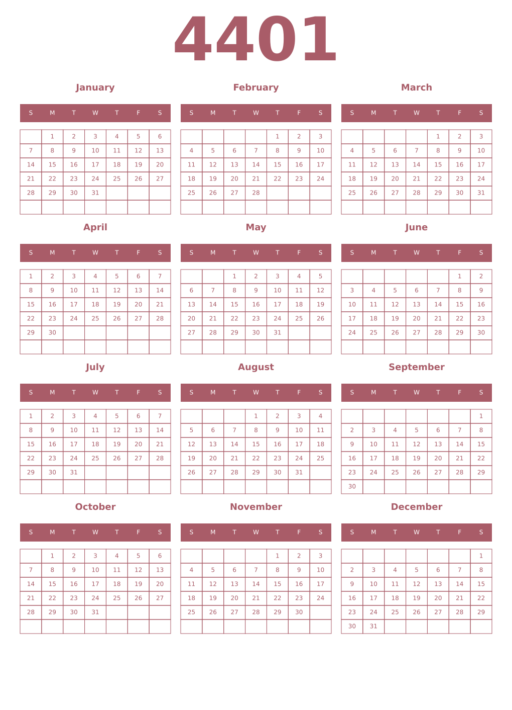 Printable 4401 Year Calendars puce