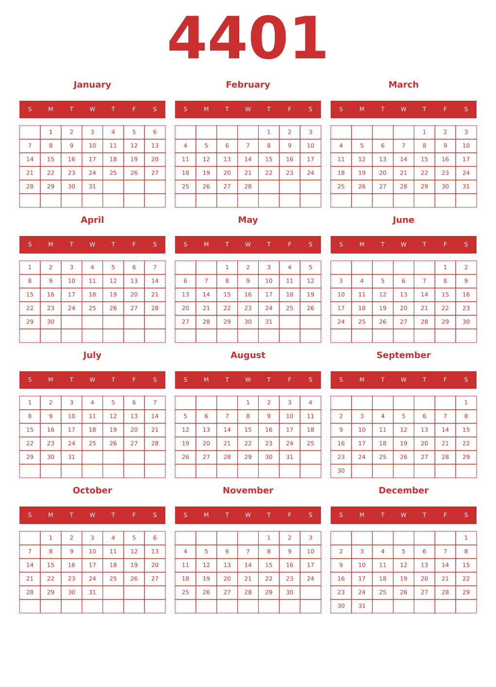 Printable 4401 Year Calendars red