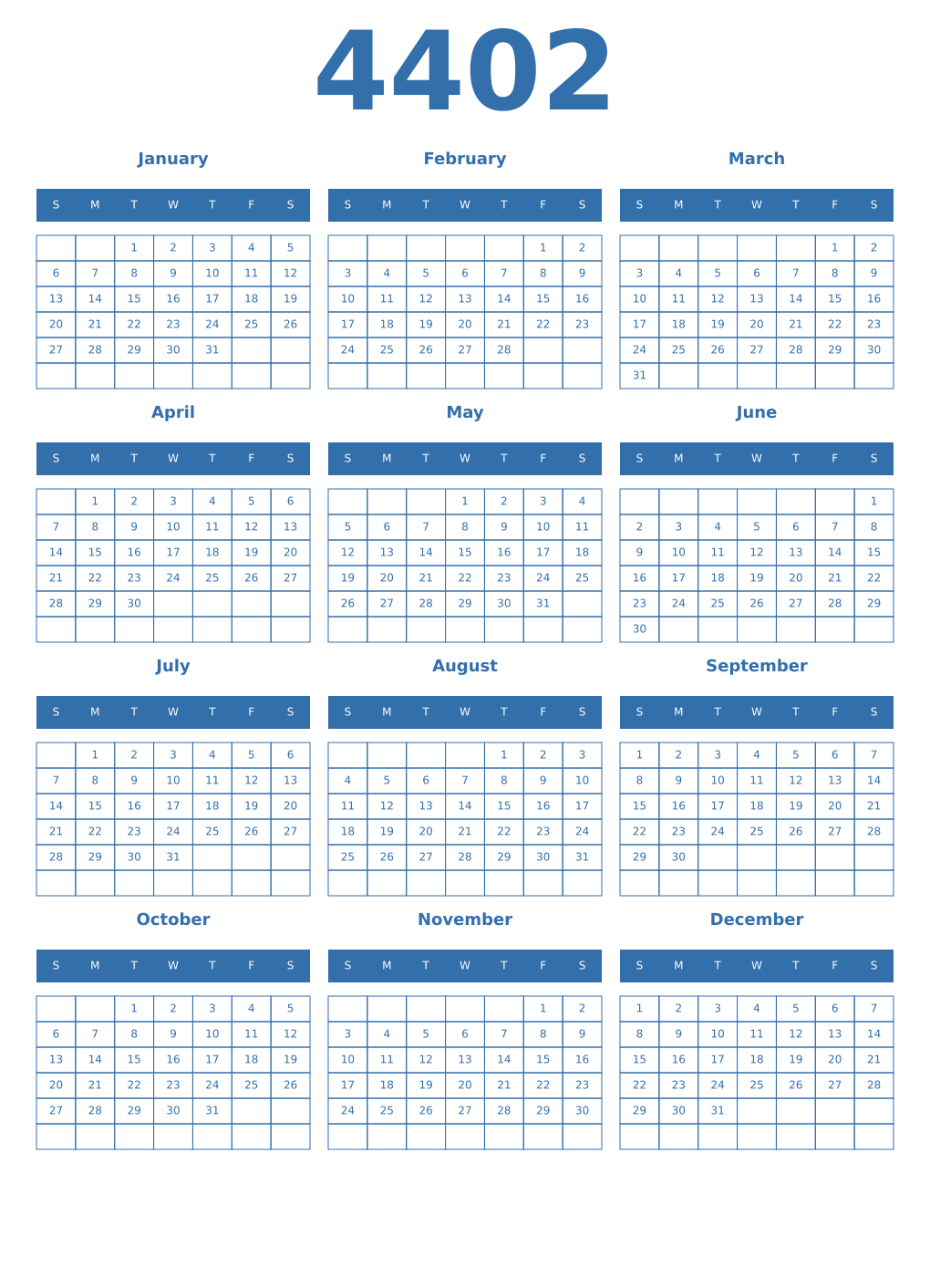 Printable 4402 Year Calendars blue