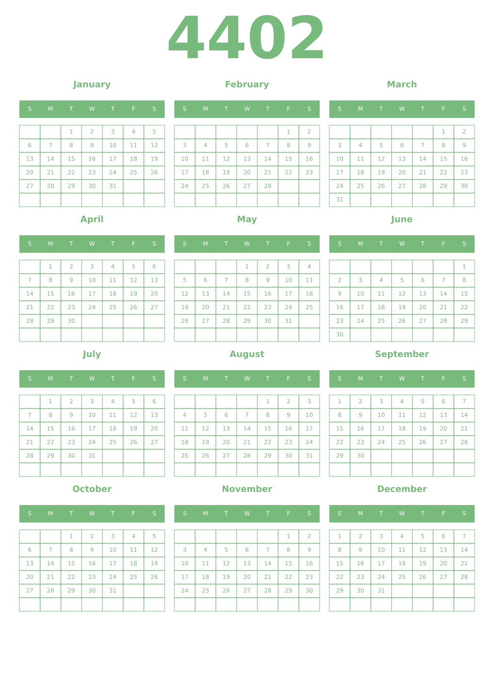 Printable 4402 Year Calendars celadon