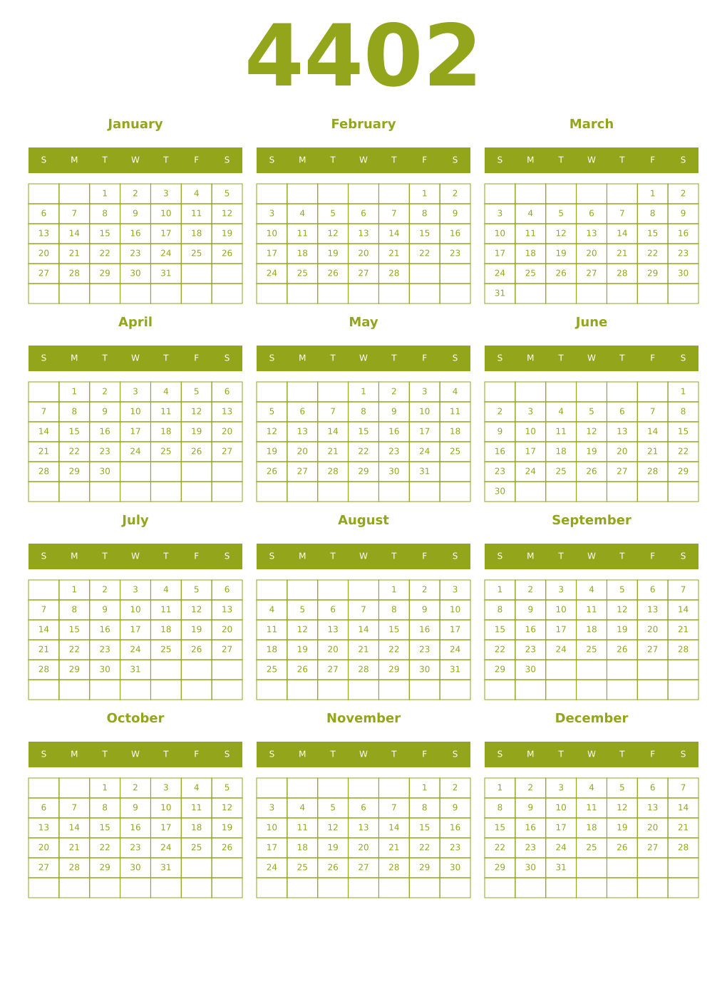 Printable 4402 Year Calendars chartreuse