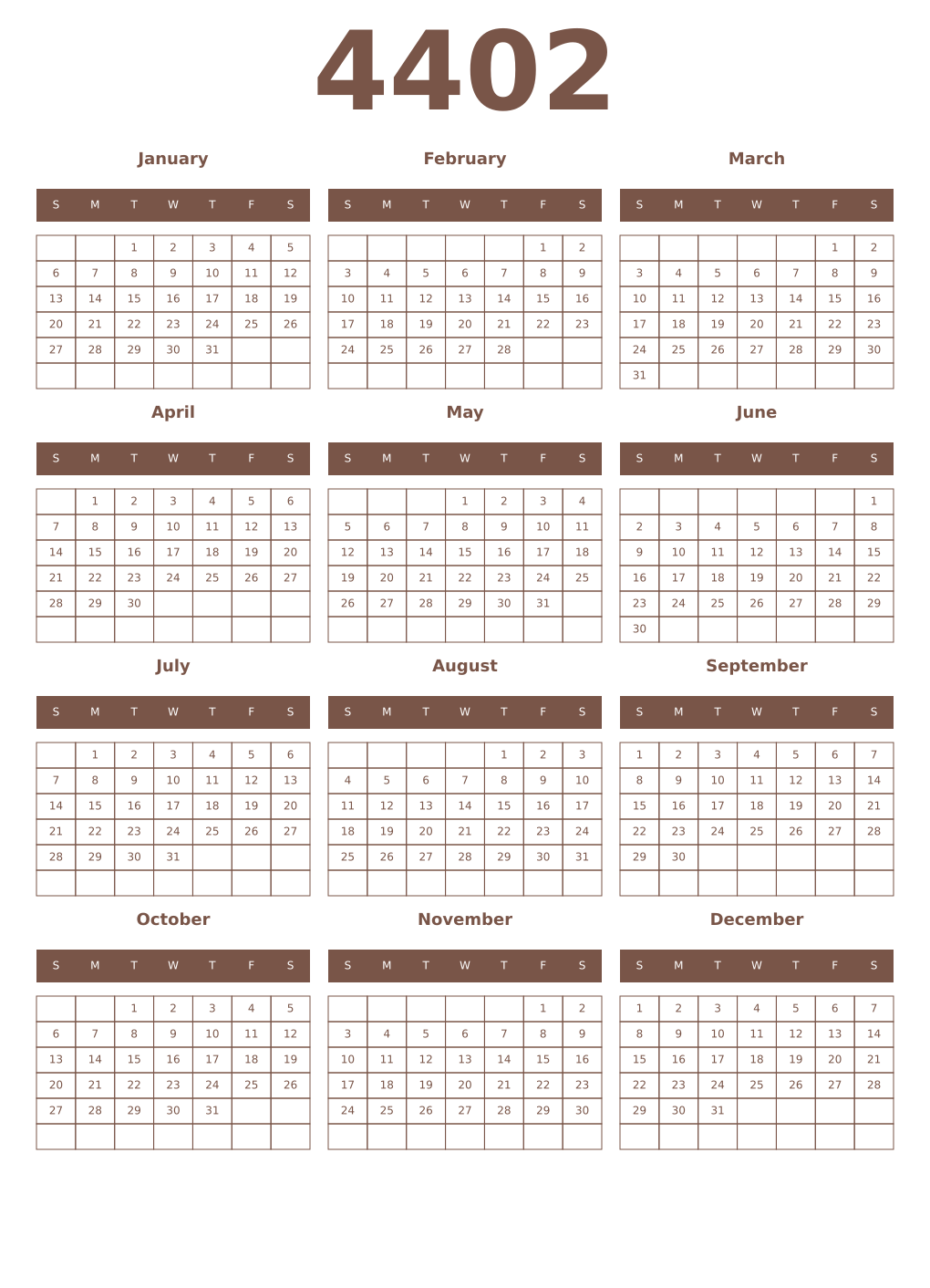 Printable 4402 Year Calendars coffe