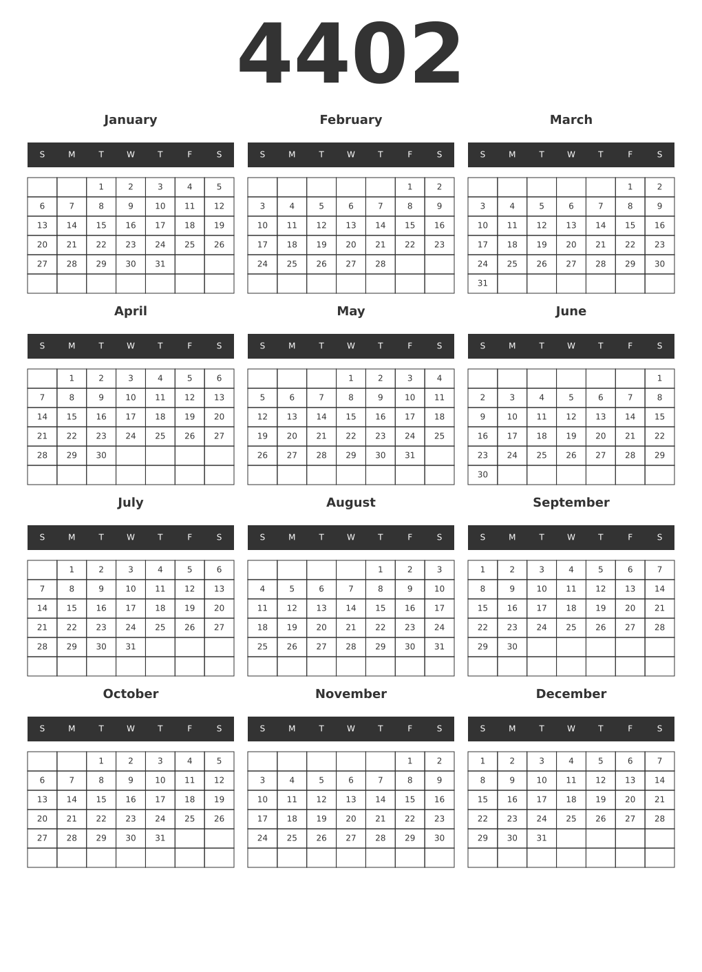 Printable 4402 Year Calendars dark