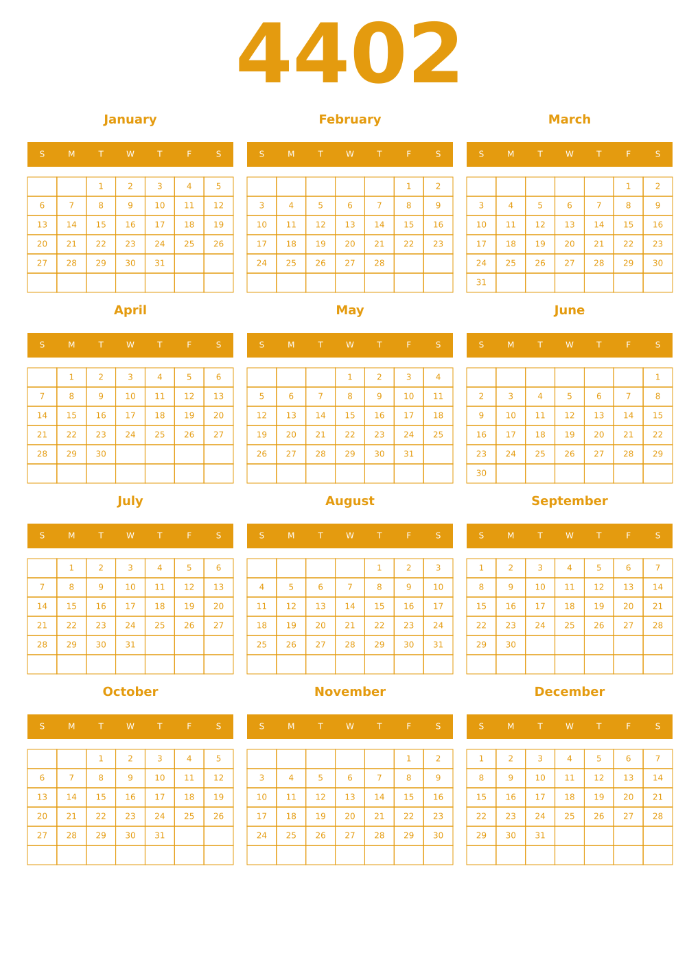 Printable 4402 Year Calendars gamboge