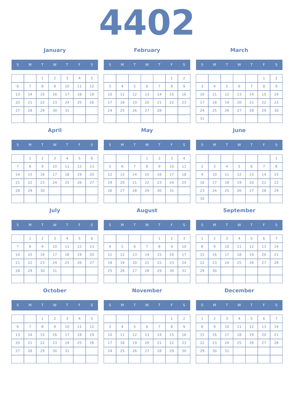 Printable 4402 Year Calendars glaucous
