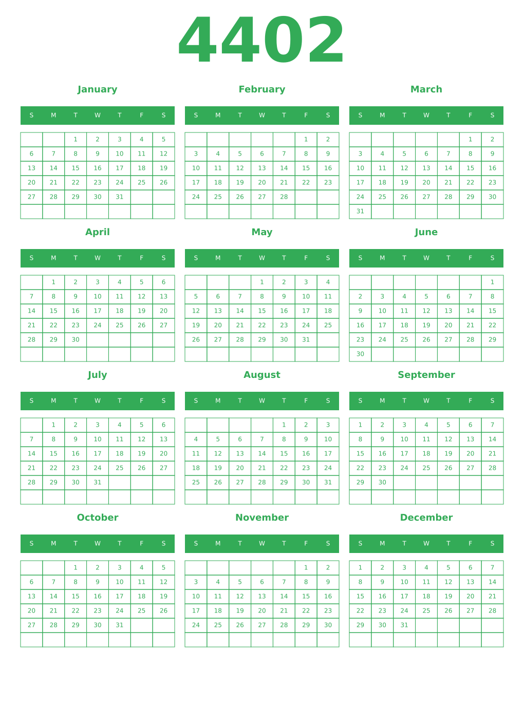Printable 4402 Year Calendars green