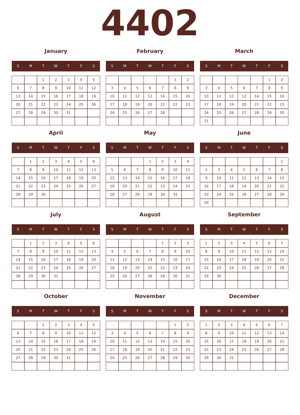 Printable 4402 Year Calendars mortuum