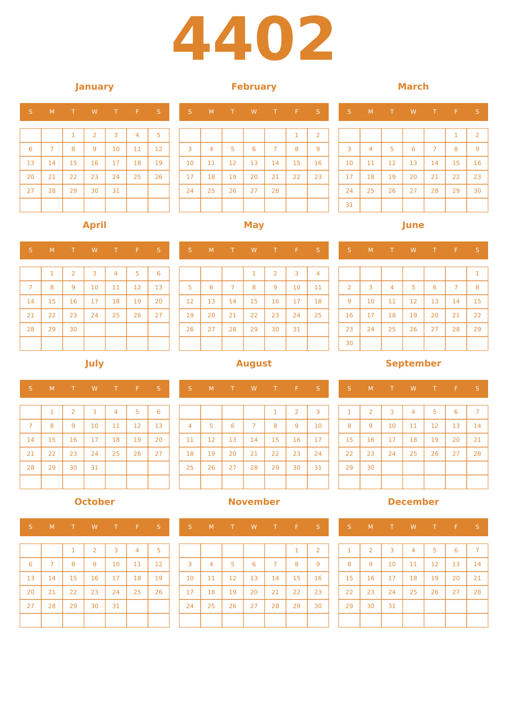 Printable 4402 Year Calendars orange