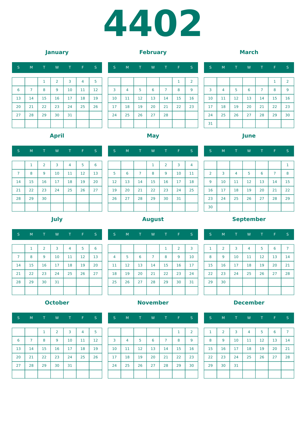 Printable 4402 Year Calendars pastel