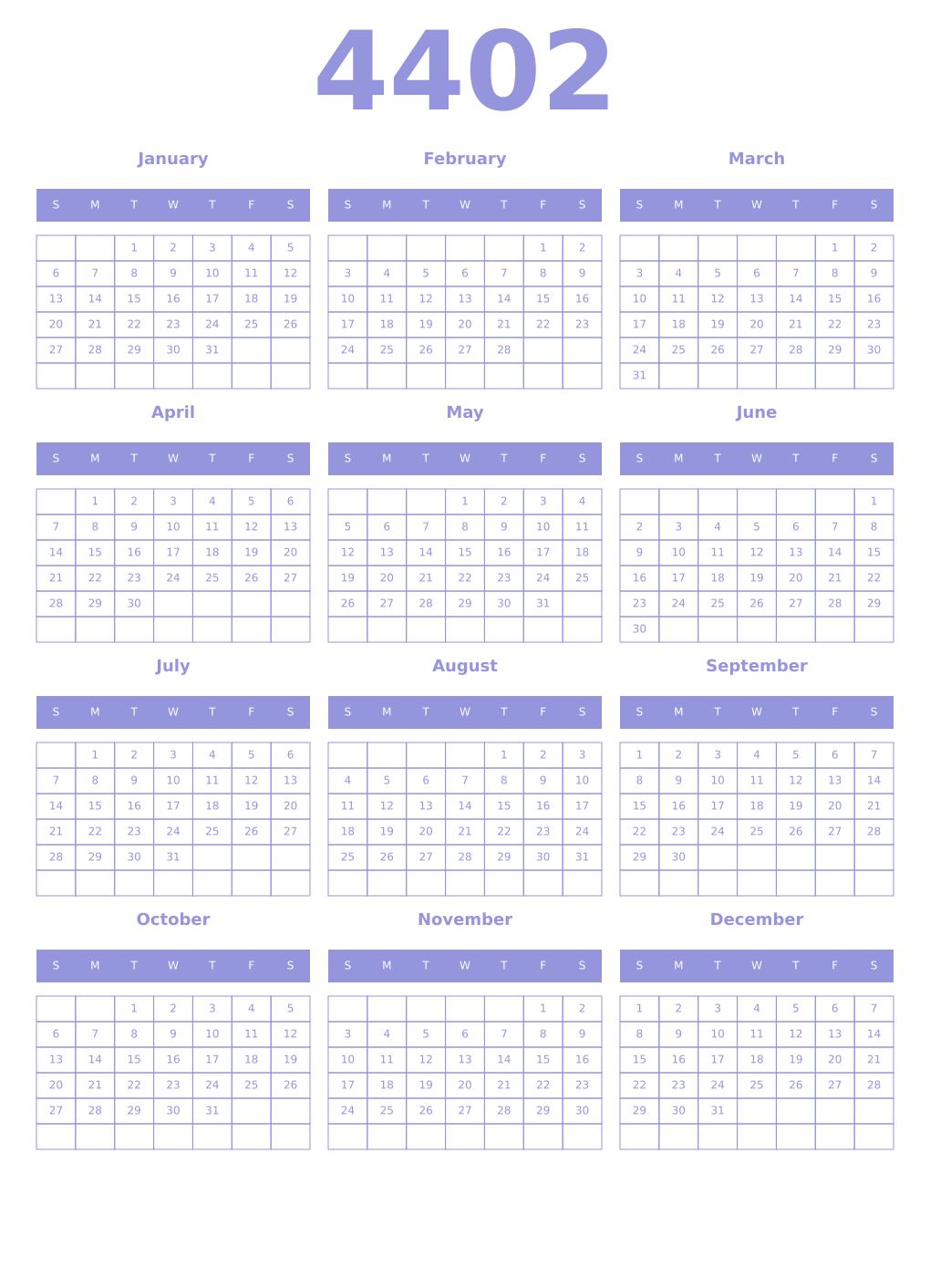 Printable 4402 Year Calendars periwinkle