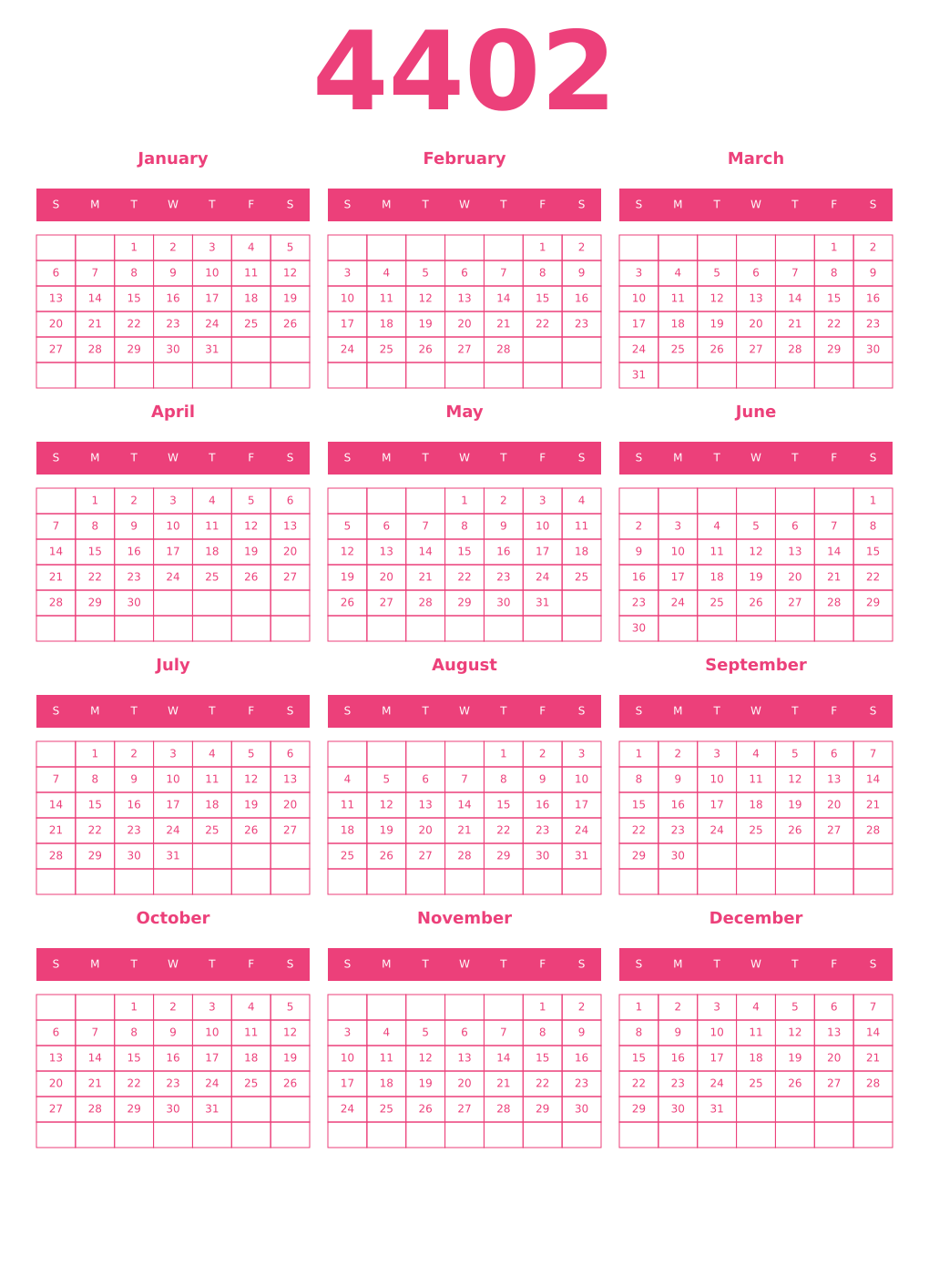 Printable 4402 Year Calendars pink