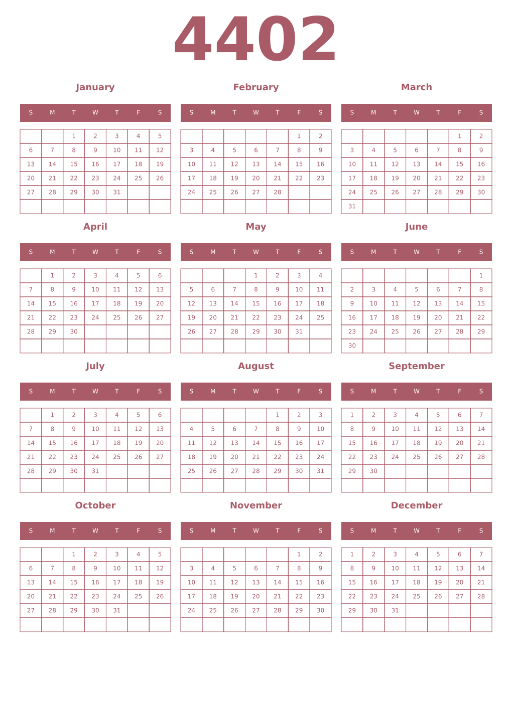 Printable 4402 Year Calendars puce