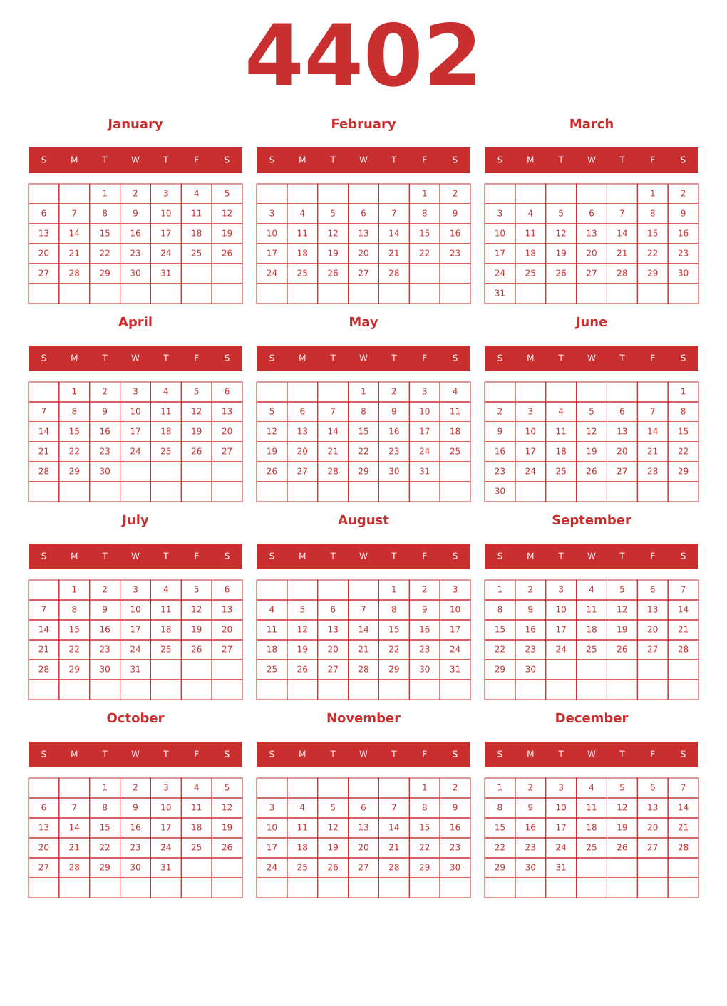 Printable 4402 Year Calendars red